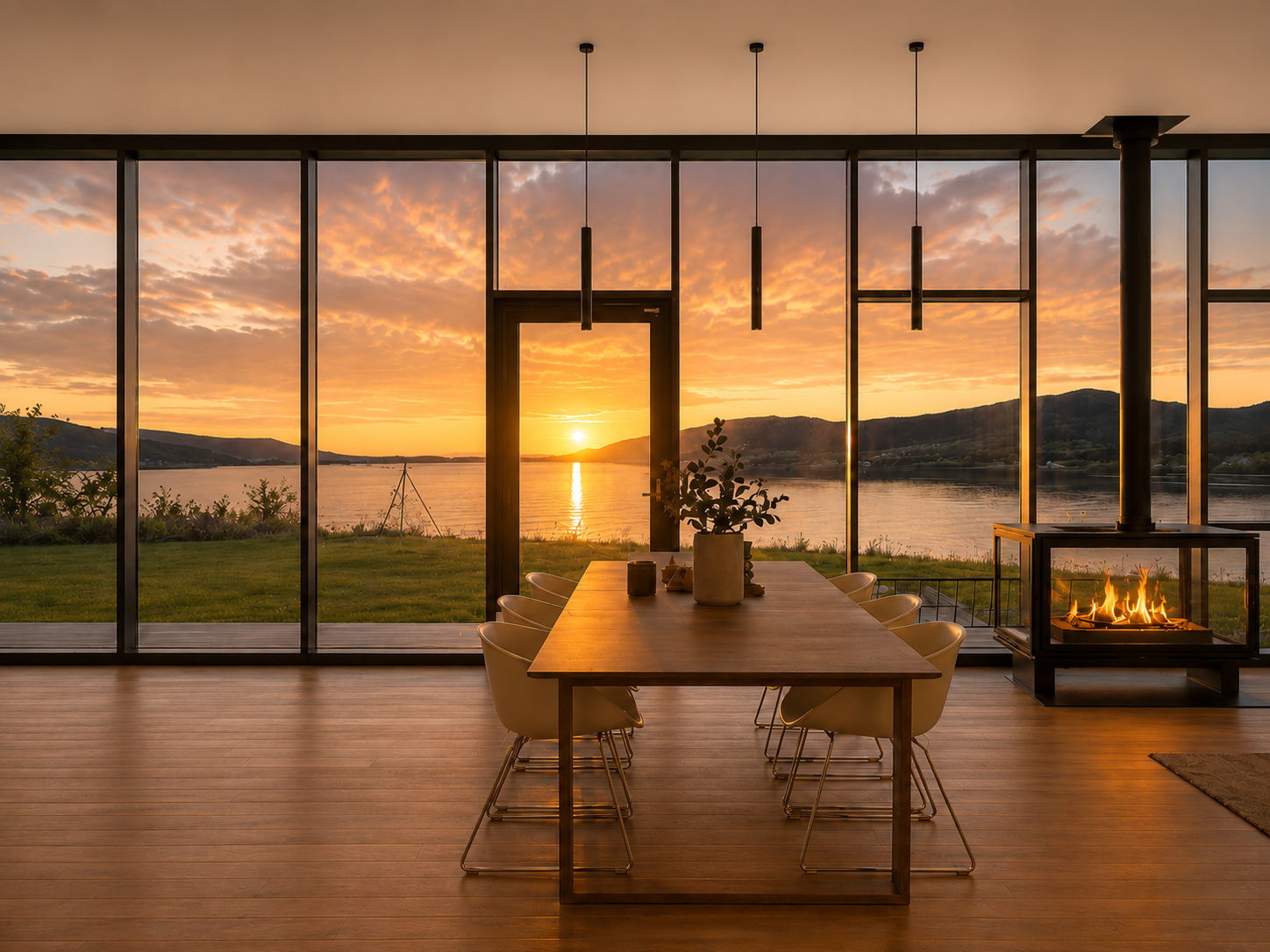 Solnedgang over en moderne spisestue med et langt bord, peis og gulv-til-tak-vinduer som vender mot sjø.
