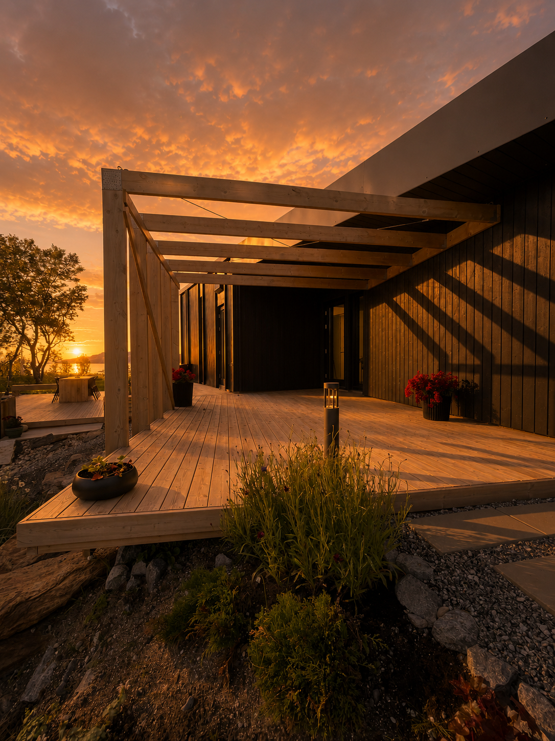 Solnedgang over en moderne bygning 