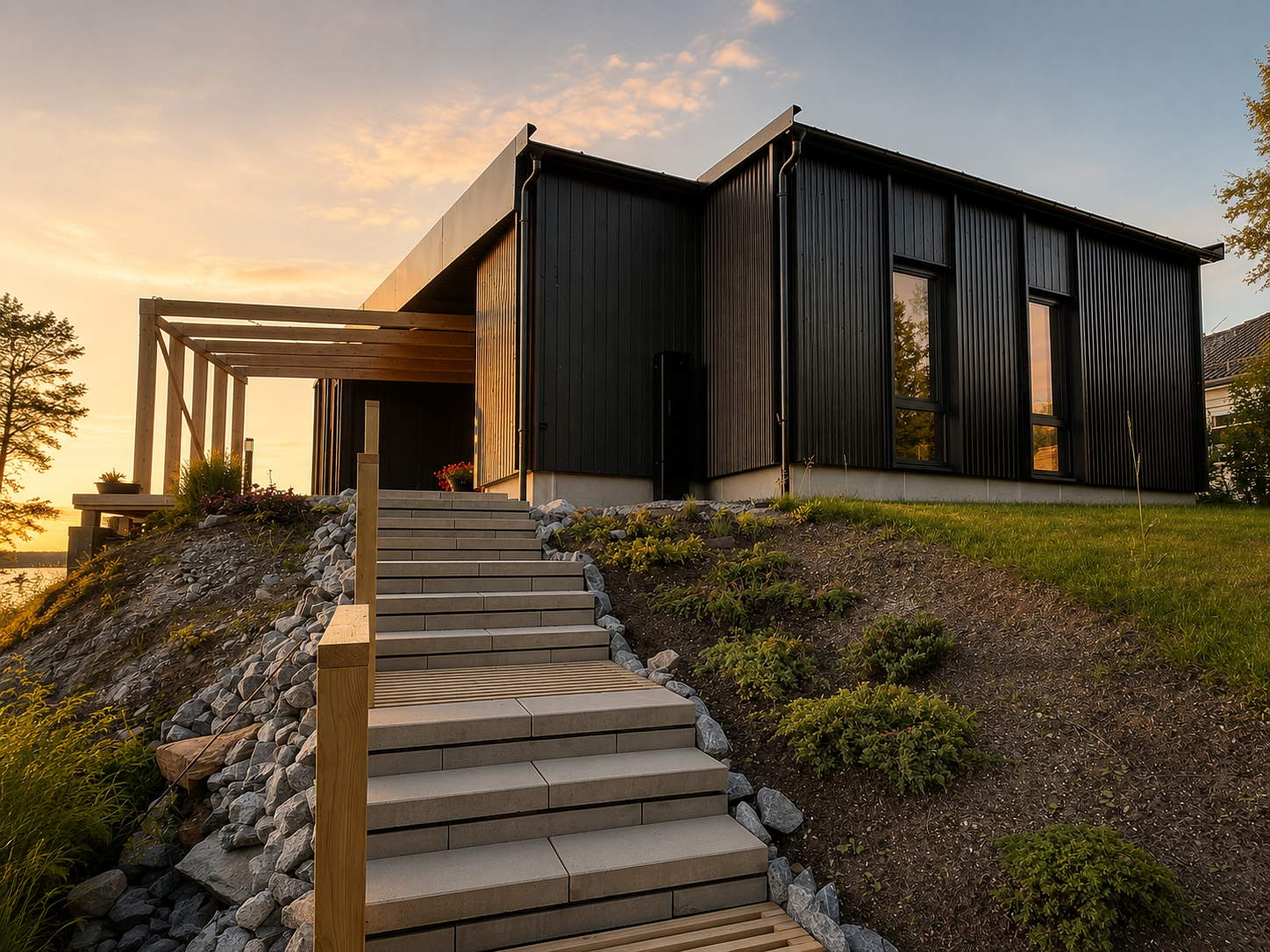 Moderne svart hus i en åsside ved solnedgang, med en tretrapp som fører opp til inngangen