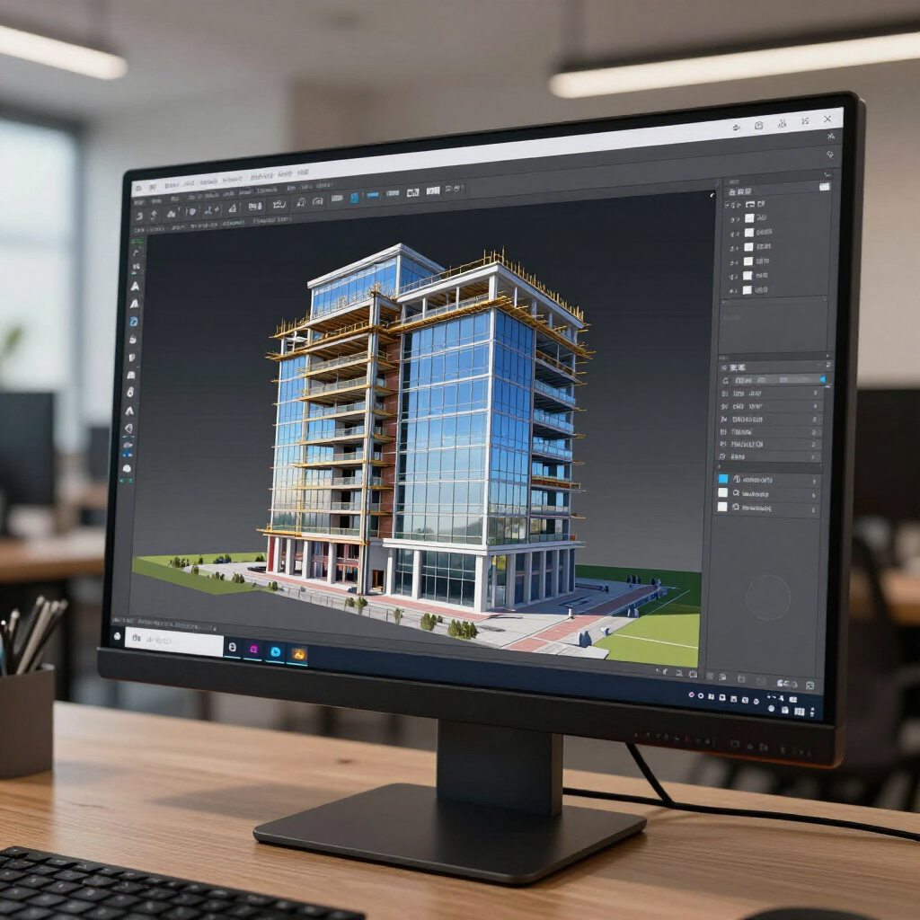 Stasjonær skjerm som viser en 3D-arkitektonisk gjengivelse av et moderne glasskontorbygg
