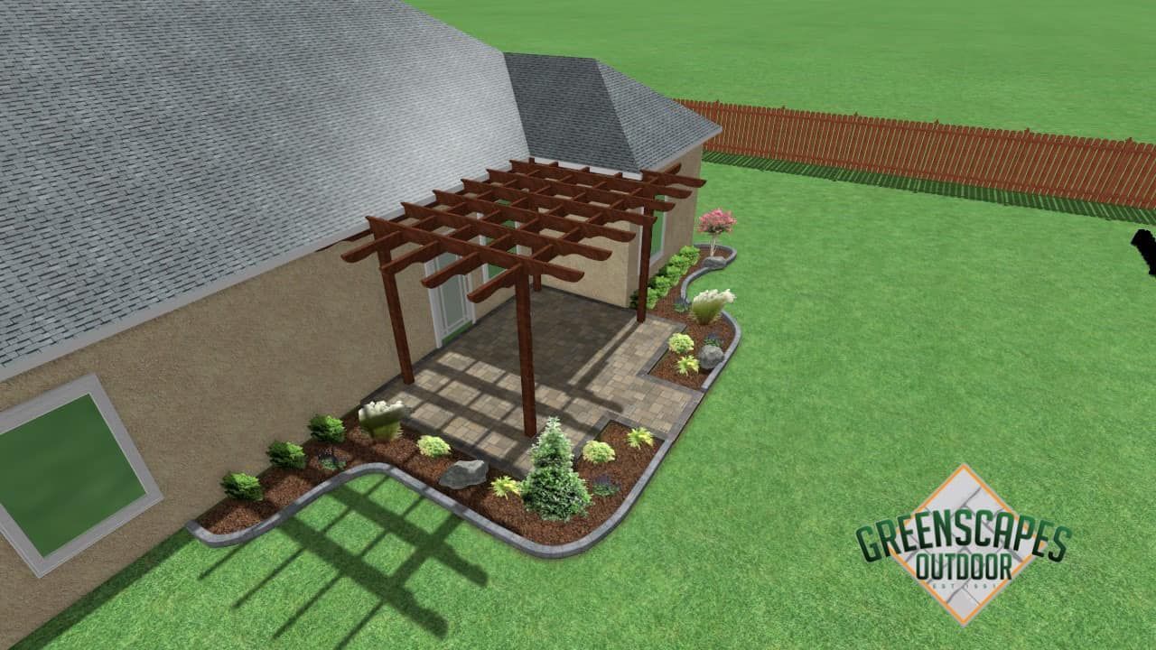 A computer generated image of a house with a pergola and a patio.