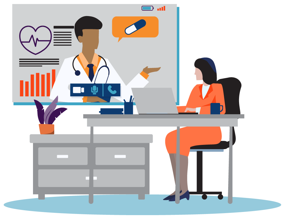 A doctor is talking to a woman who is sitting at a desk with a laptop.
