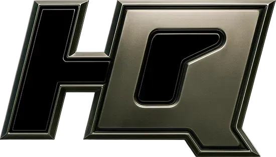 Stylized black and metallic “HQ” logo on a light background