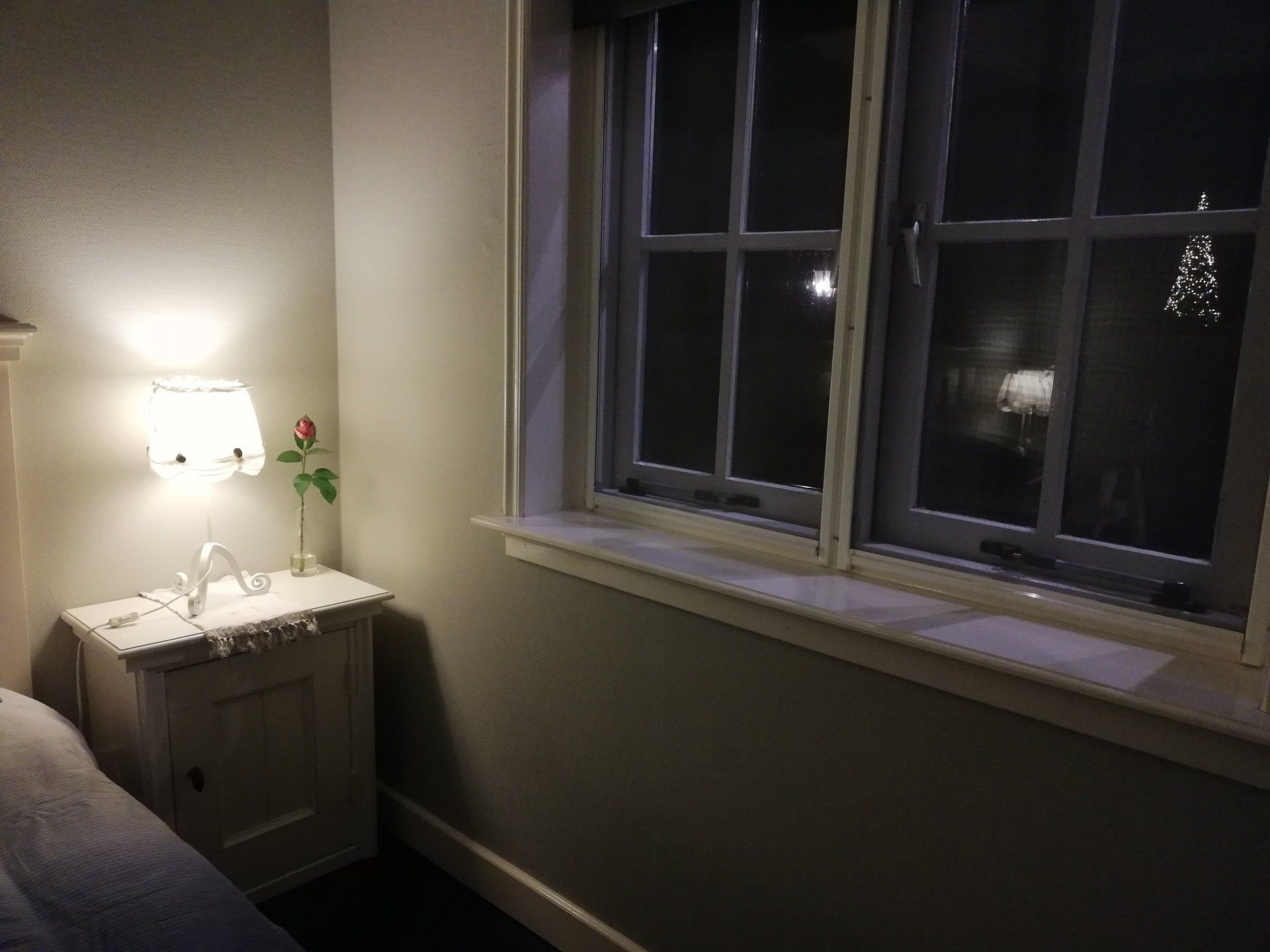 Nachtkastje met lamp, roos, naast een raam. Uitzicht naar buiten in de nacht.