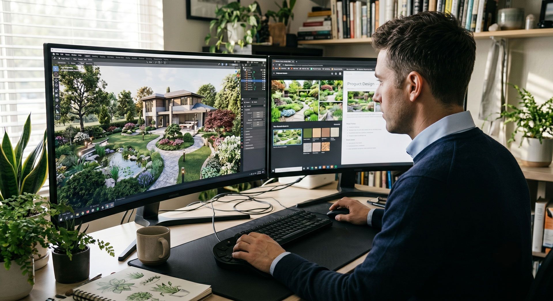 Person working at a desk with dual monitors showing landscape designs in a bright home office