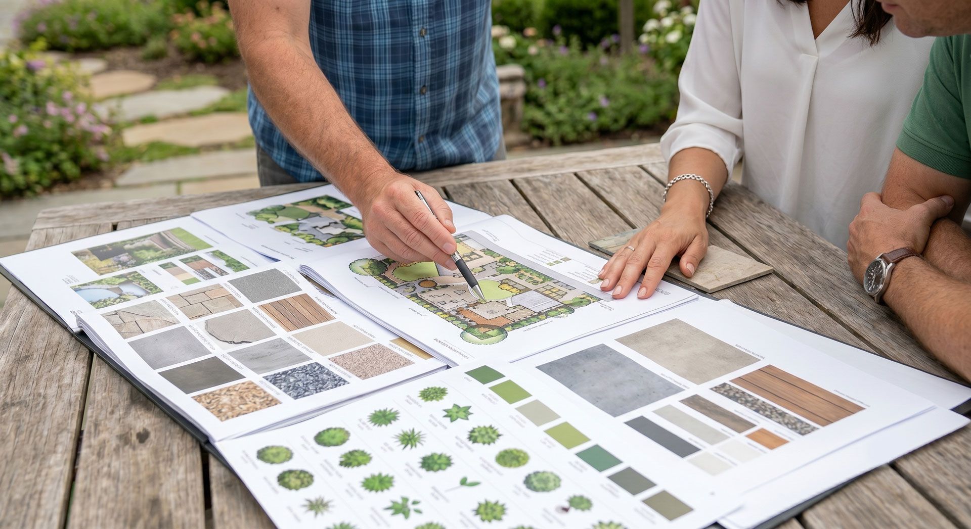 People reviewing landscape design plans and plant samples on an outdoor table.
