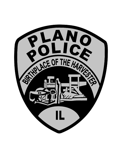 A black and white logo for plano police birthplace of the harvester il