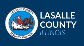 A blue and white logo for lasalle county illinois
