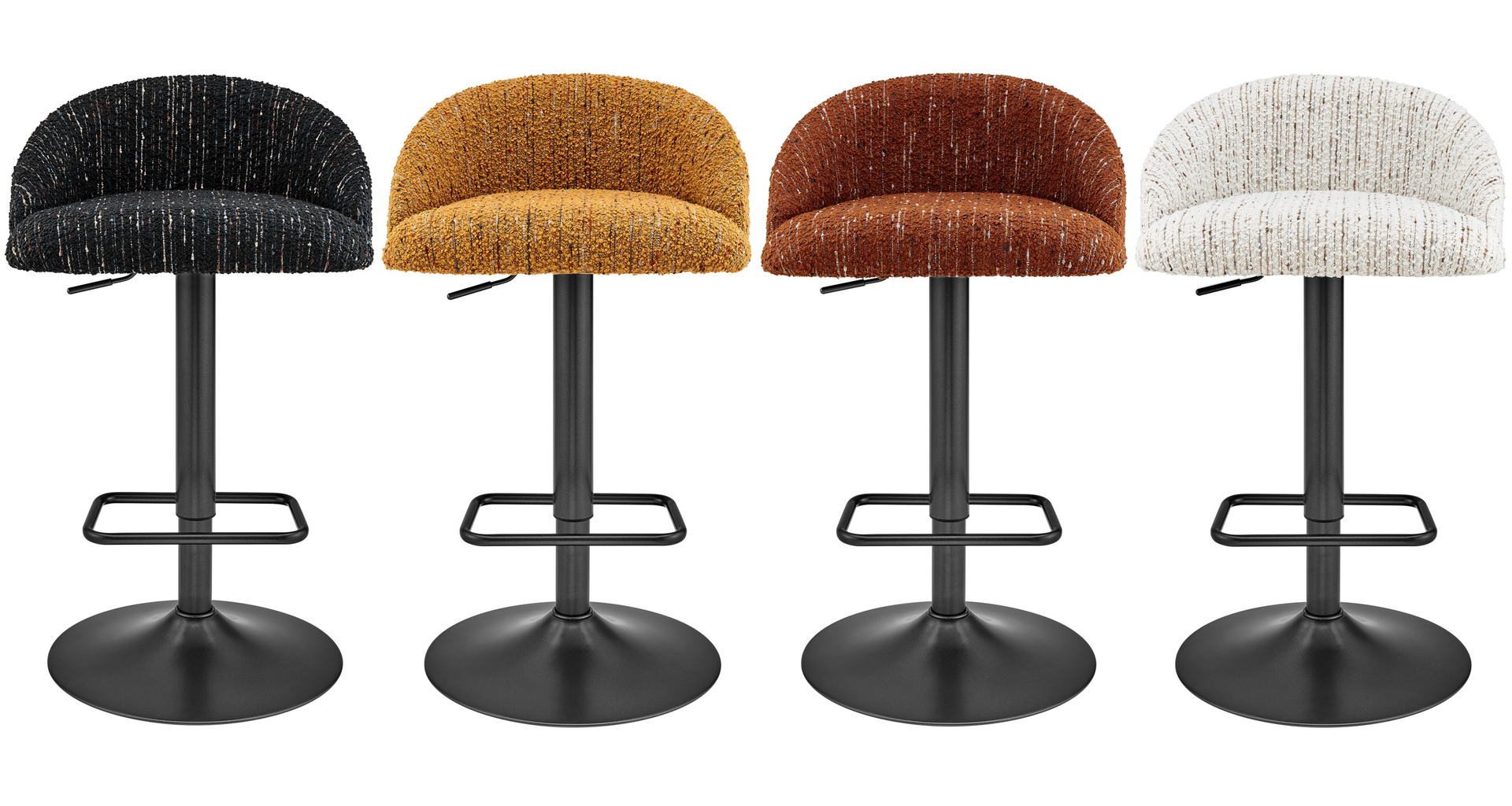 Four adjustable bar stools with black bases and textured seats in black, gold, rust, and white.