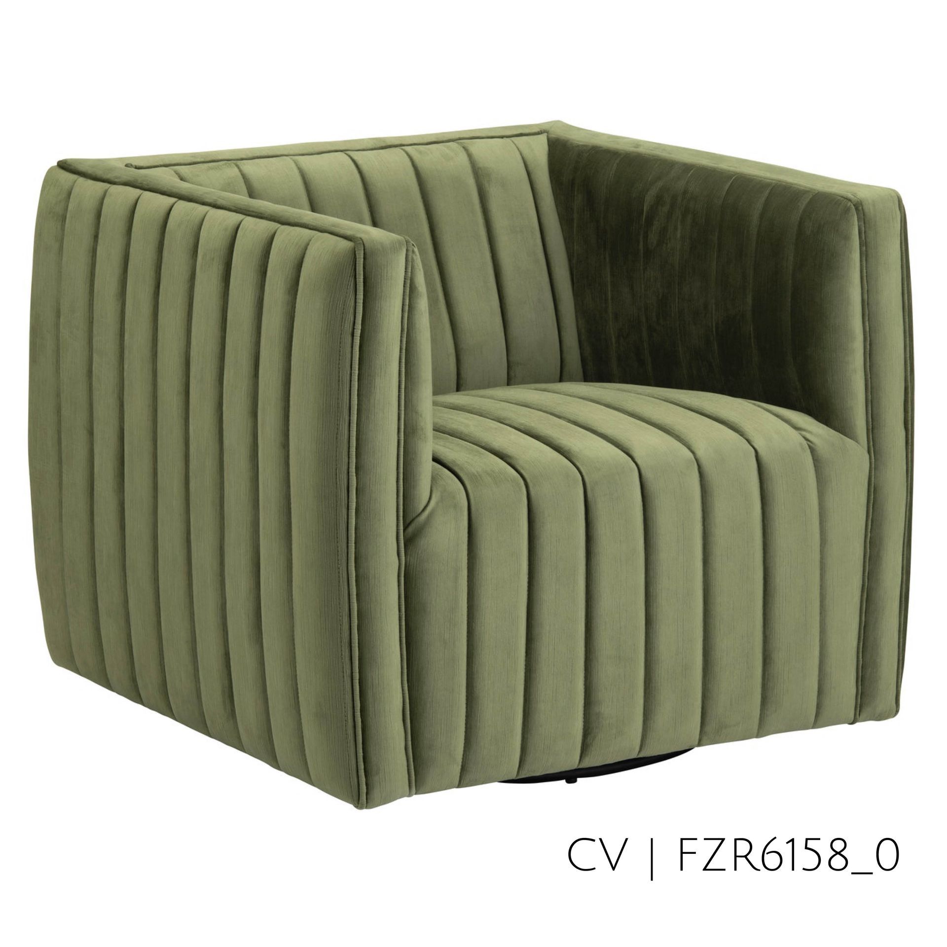 Olive green, channel-stitched swivel chair.