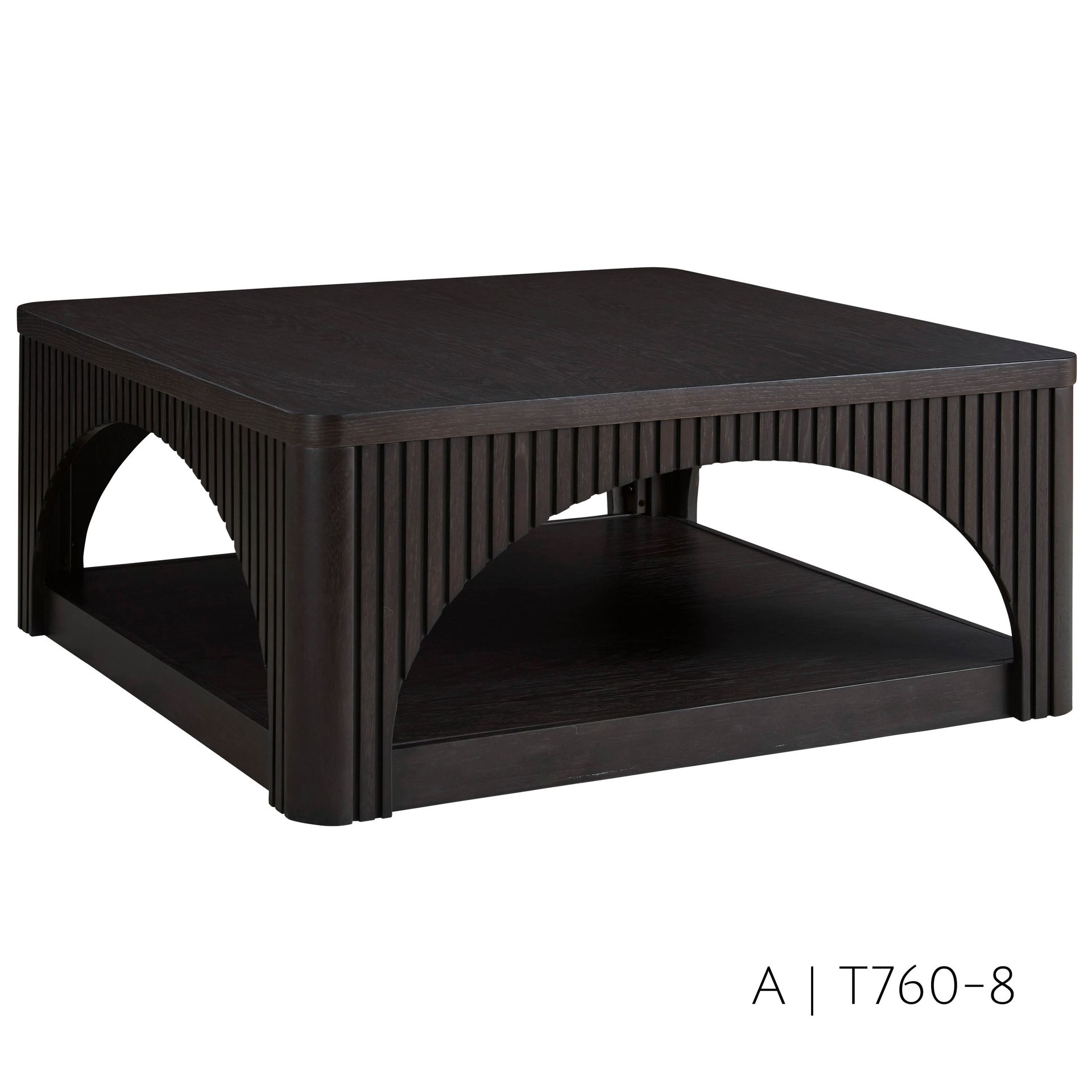 black square coffee table with a lower shelf and arched supports.