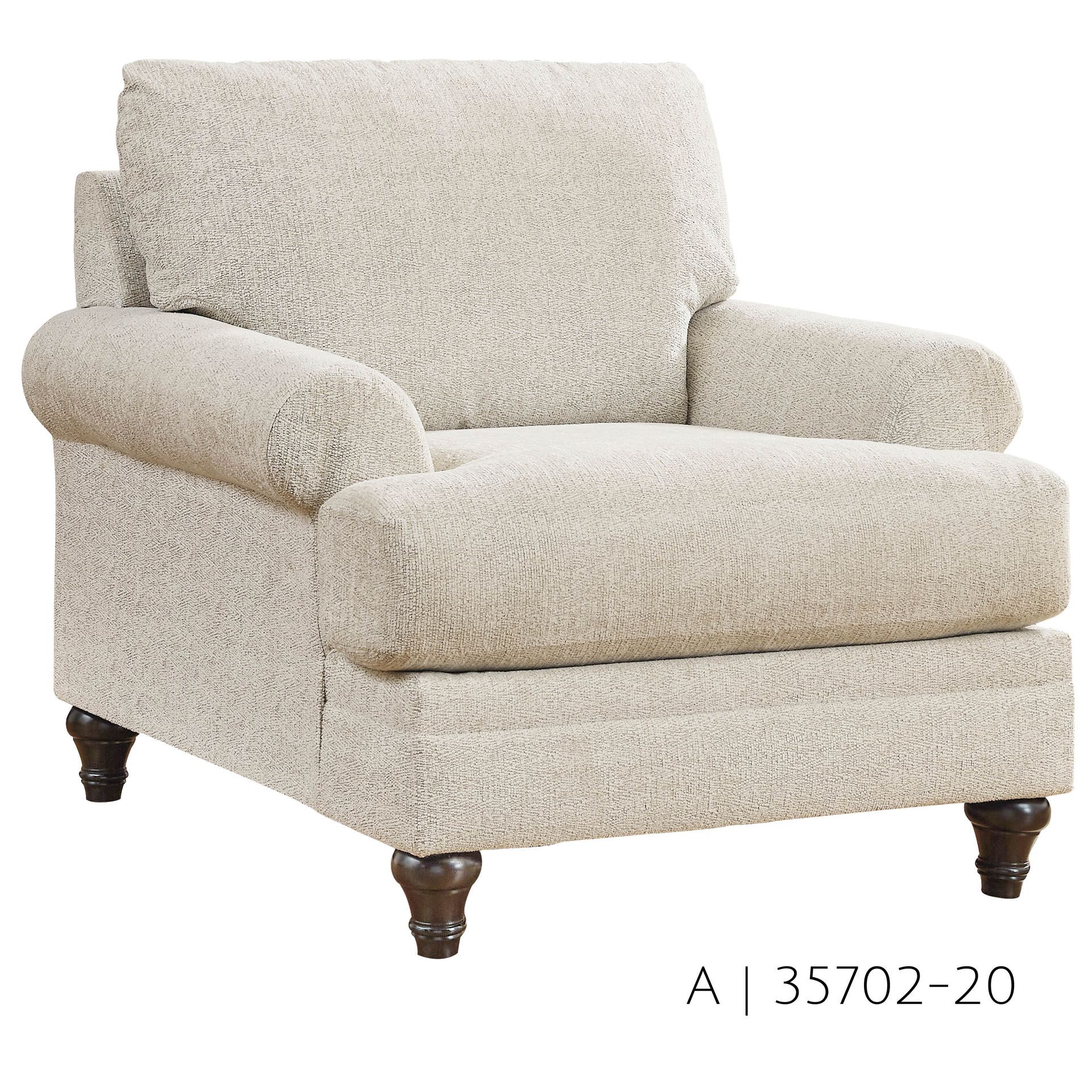 Beige upholstered armchair with rolled arms and dark wood legs.