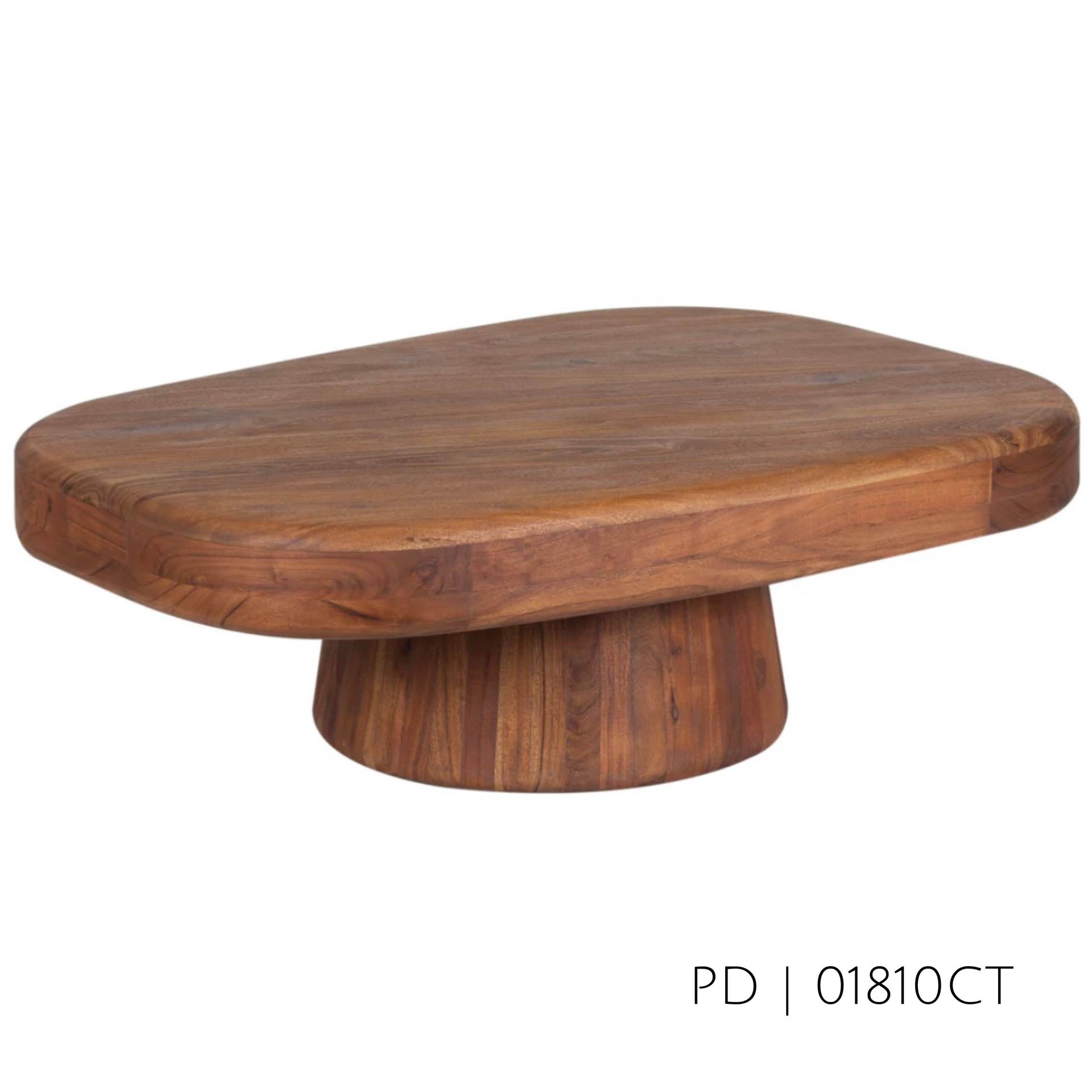 Wooden pedestal coffee table brown tones, rounded rectangular top, circular base.