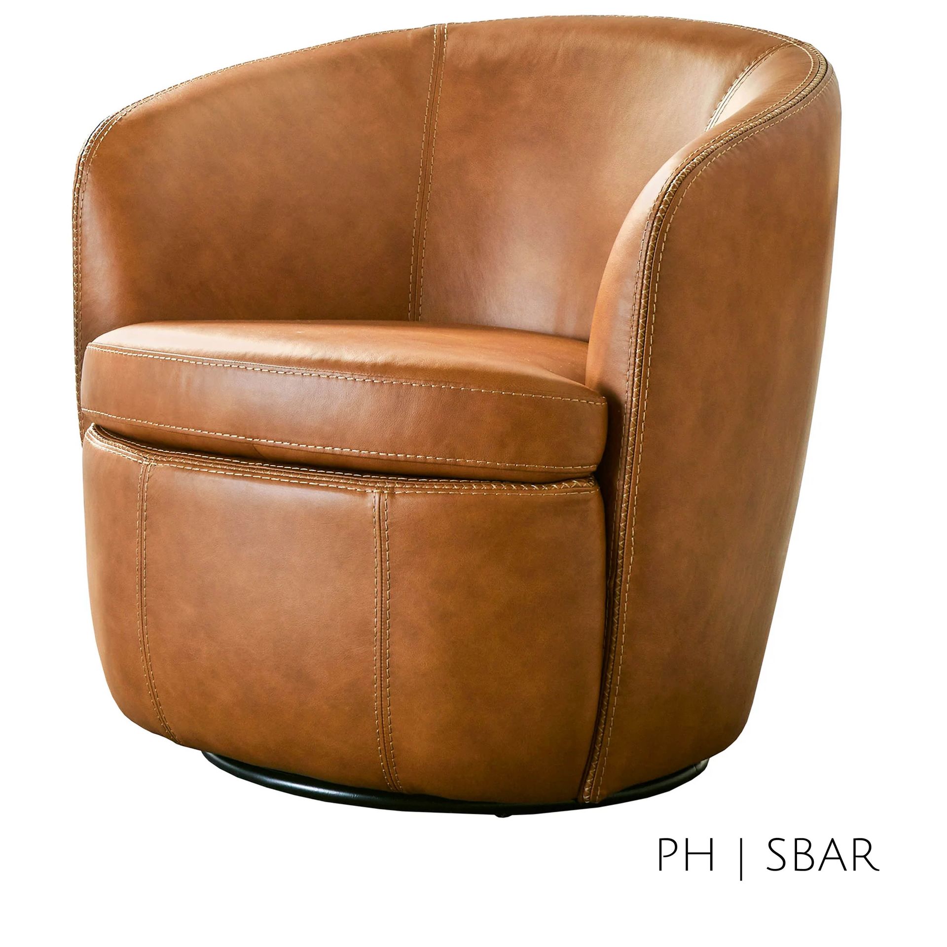 Brown leather swivel armchair with visible stitching.