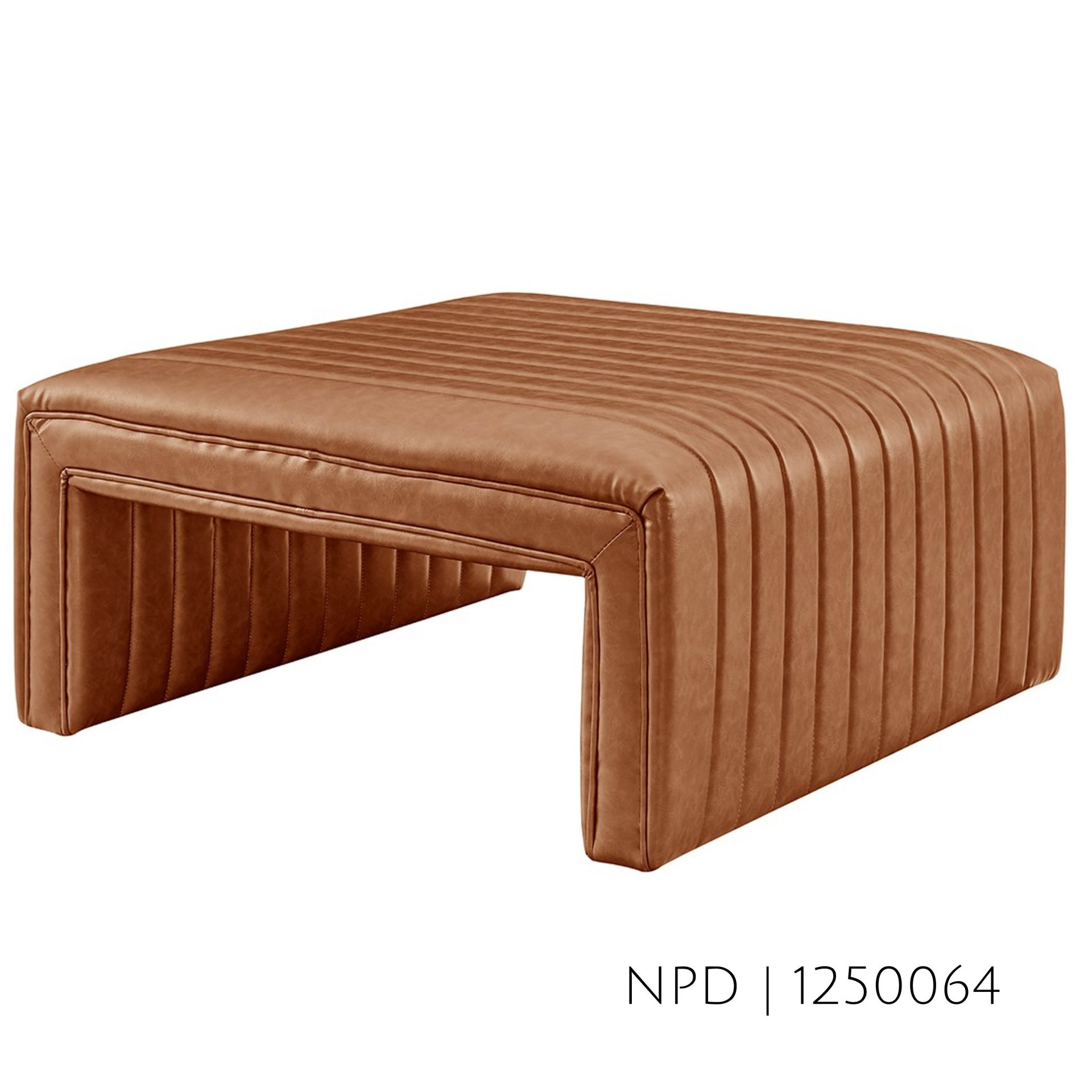 Brown leather ottoman with vertical channel stitching.