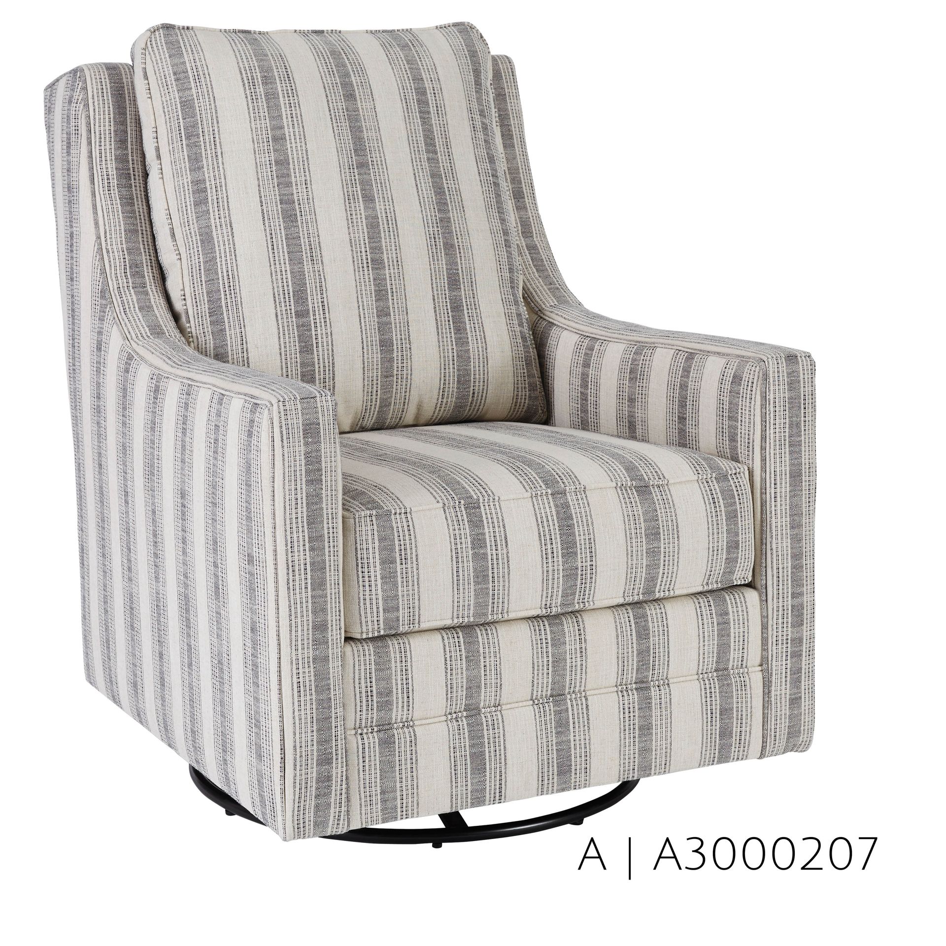 Swivel armchair with cream and gray striped fabric.