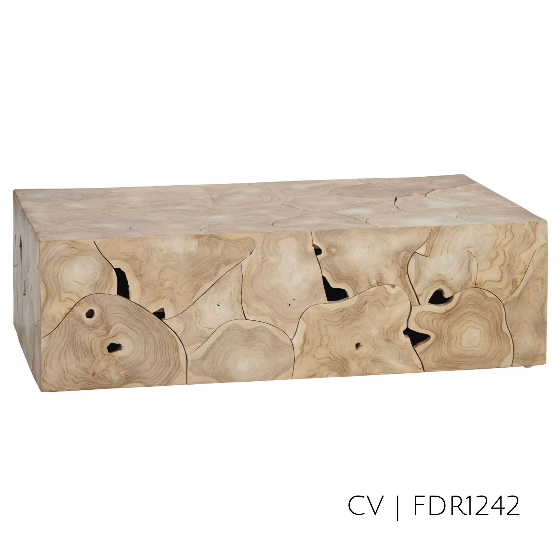 Rectangular wooden coffee table with natural, light-toned wood grain and irregular openings.