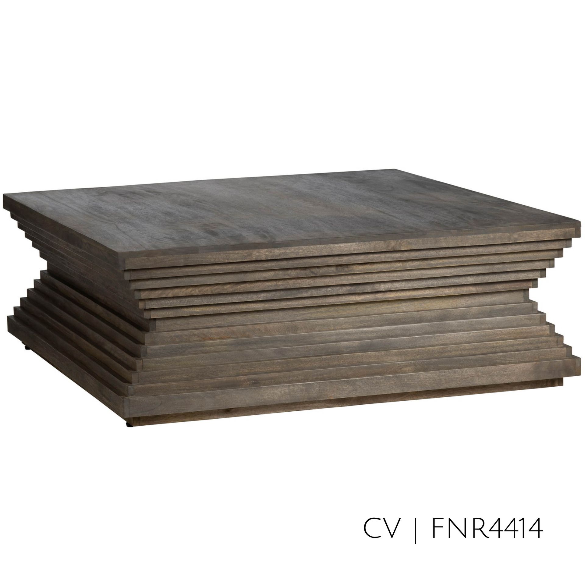 Dark wooden coffee table with stacked, geometric design.