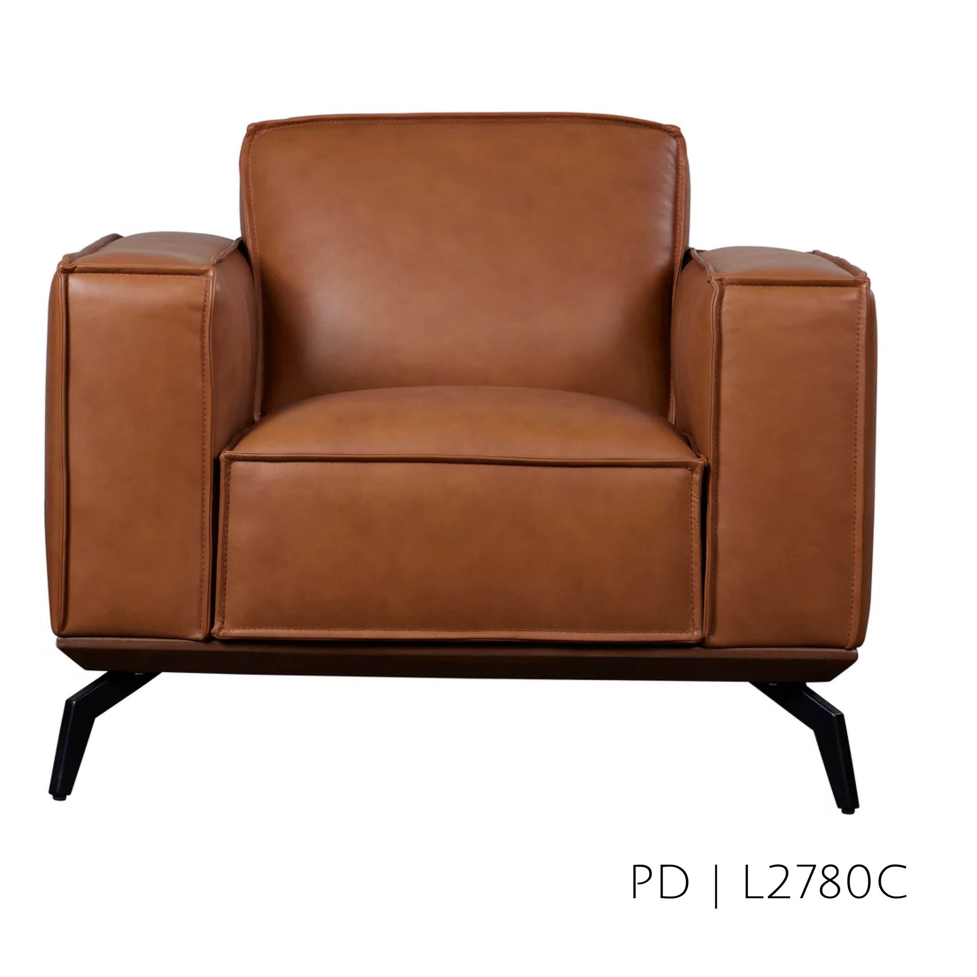 Brown leather armchair with black legs.
