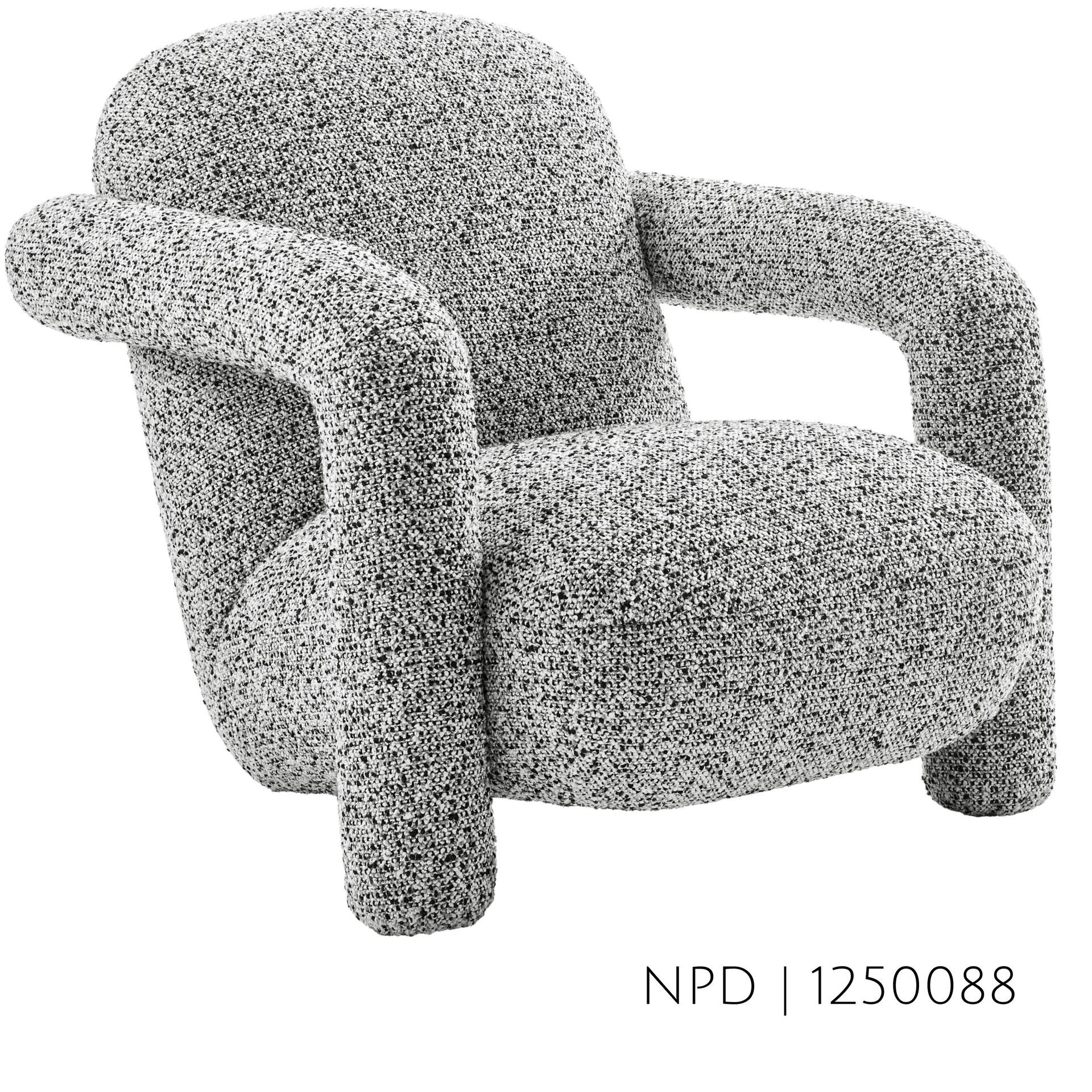 Gray and white textured armchair with rounded arms and legs.
