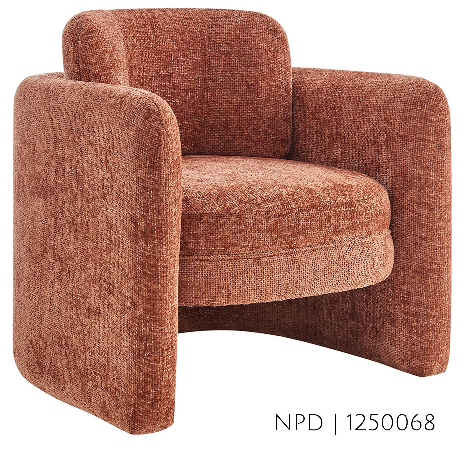 Terracotta-colored armchair with rectangular arms and a circular seat.