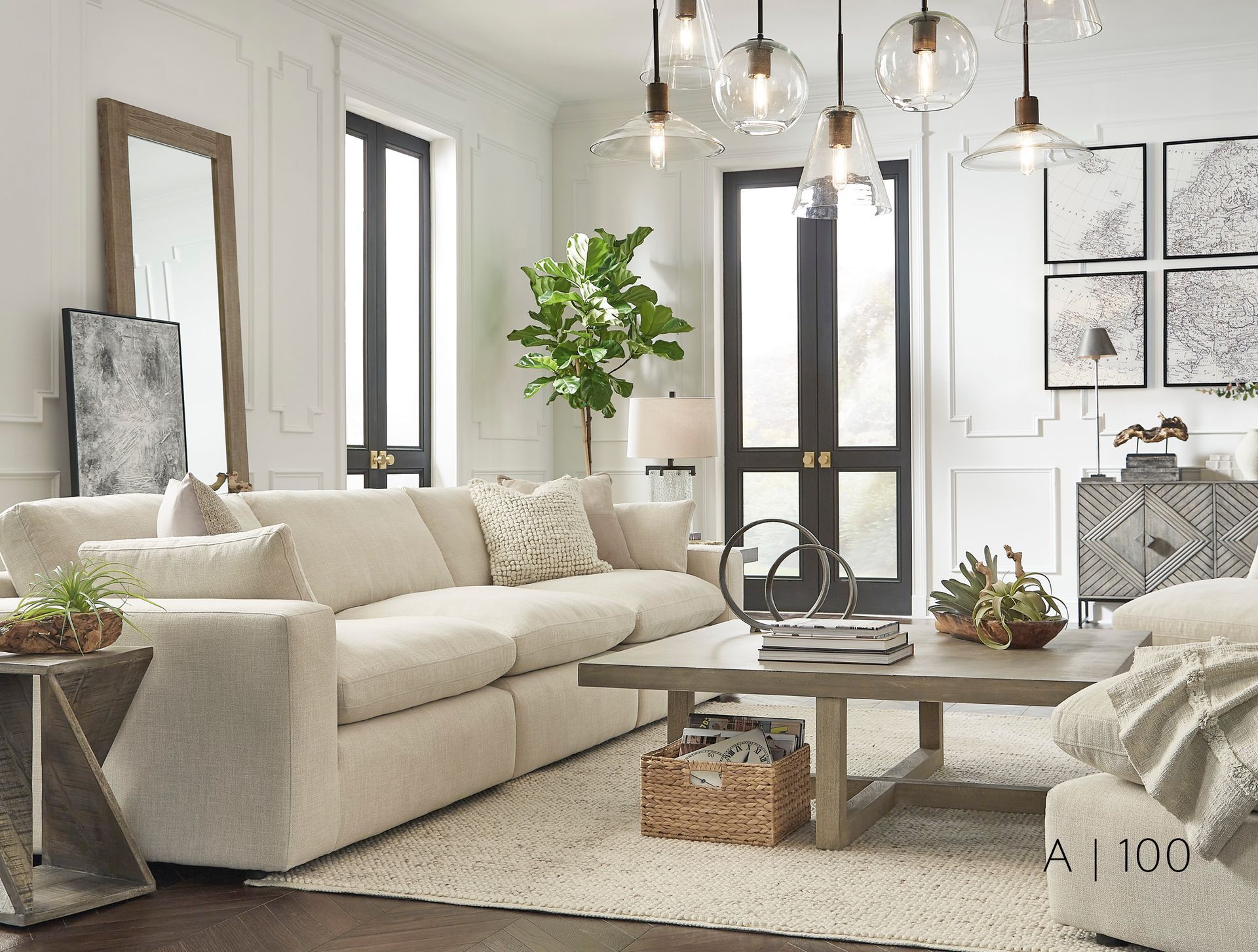 Living room with beige sofa, rug, and coffee table; modern decor.