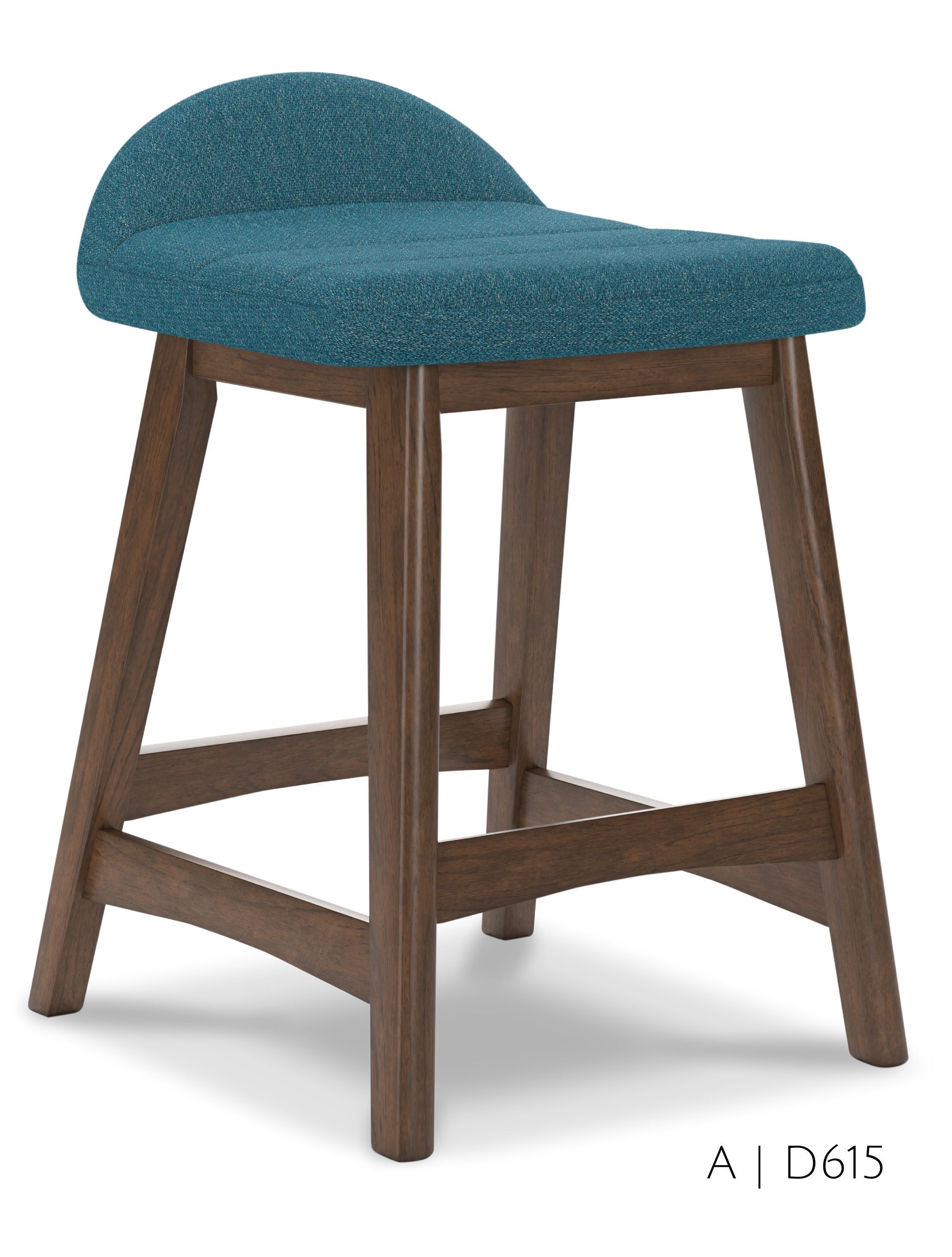 Teal fabric counter stool with wooden legs and backrest.