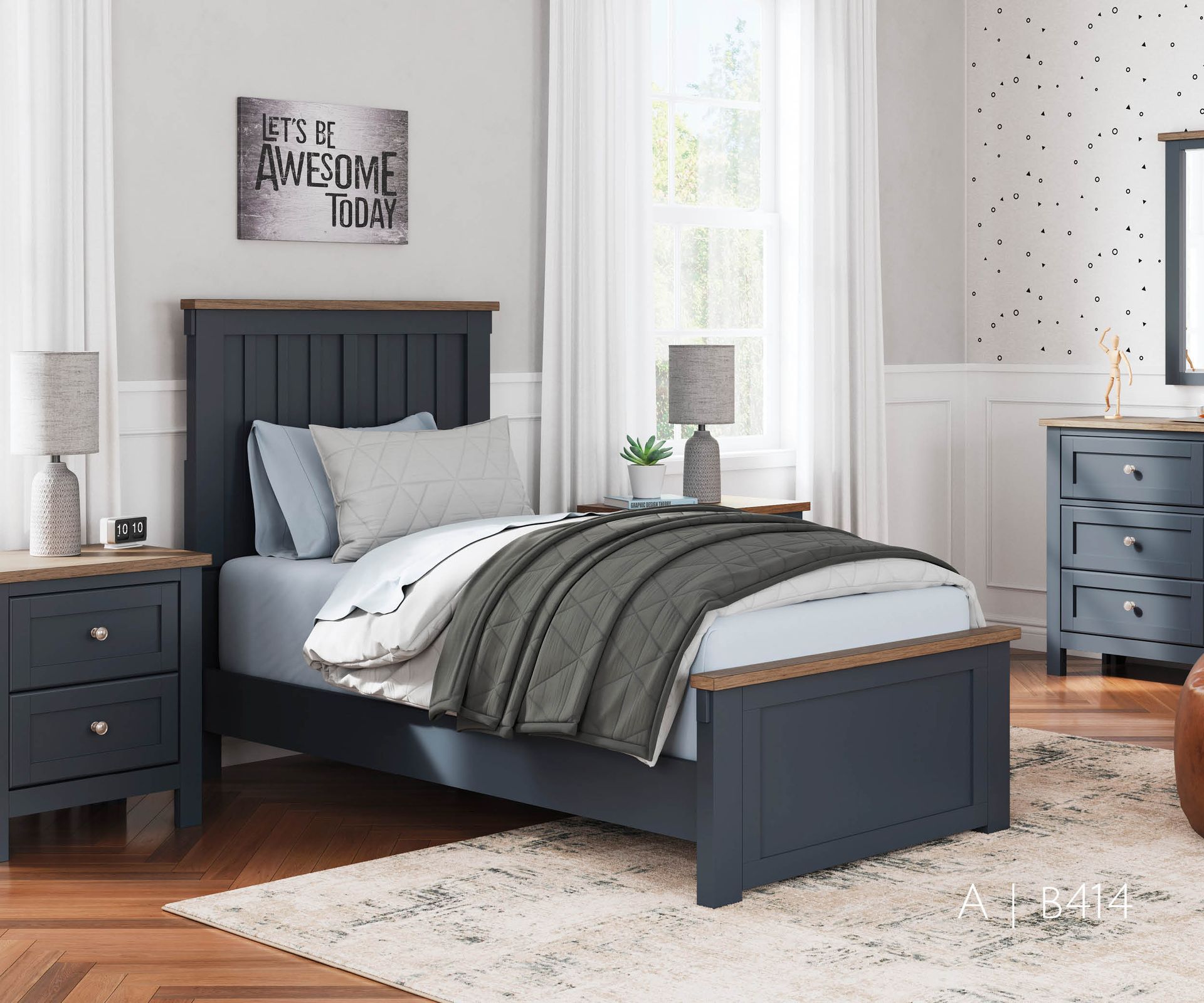 Bedroom with blue bed frame, nightstand, and dresser. Neutral rug, gray bedding, and a window.