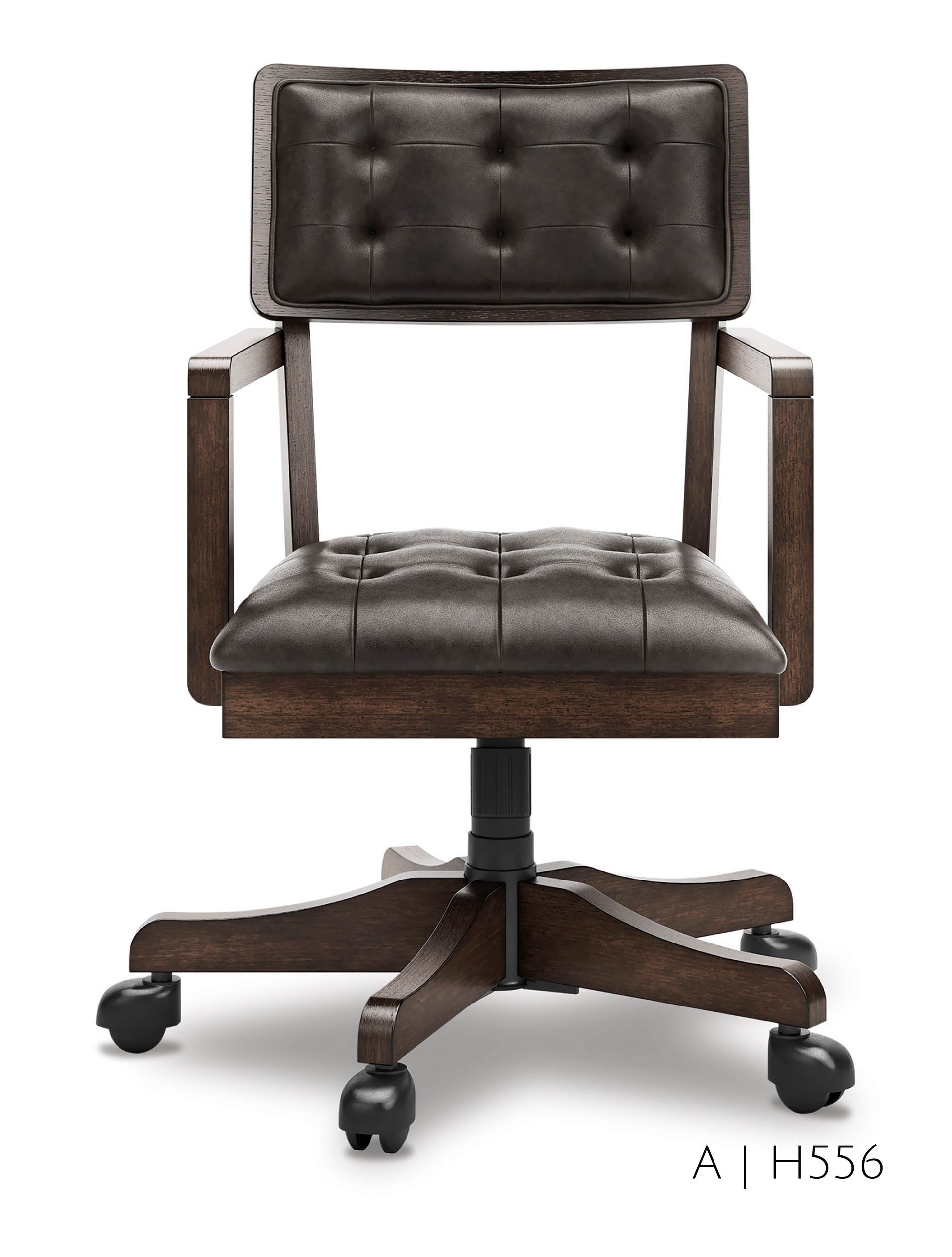 Brown leather and wood office chair with tufted seat and back, on wheels.