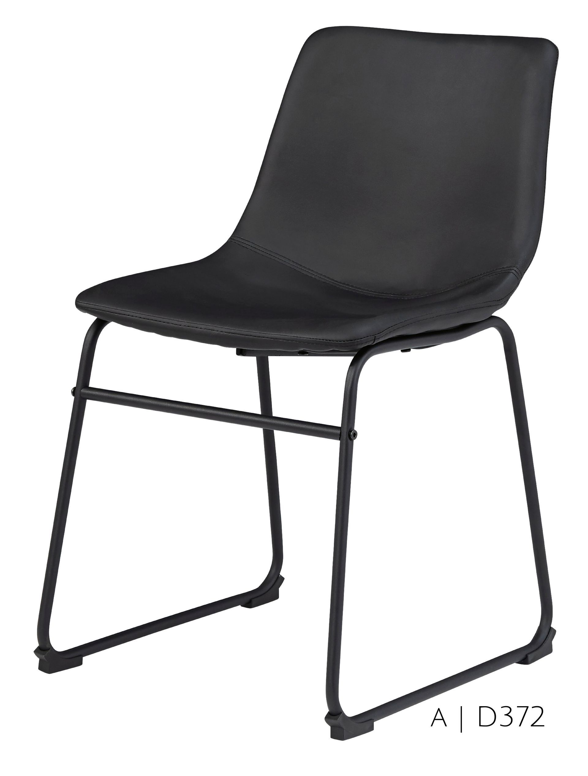 Black chair with a curved back and metal frame.