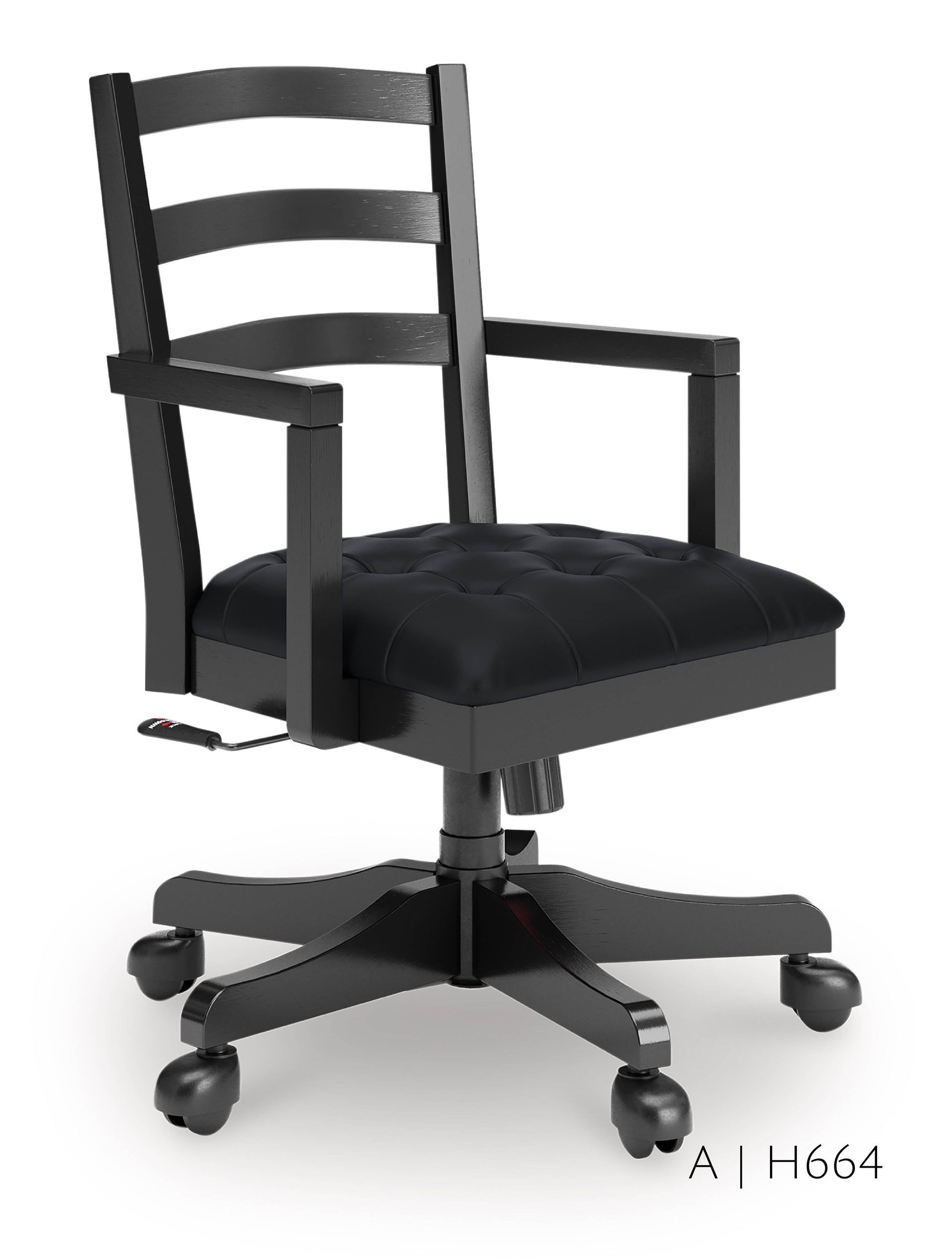 Black wooden desk chair with ladder back, armrests, and cushioned seat on casters.