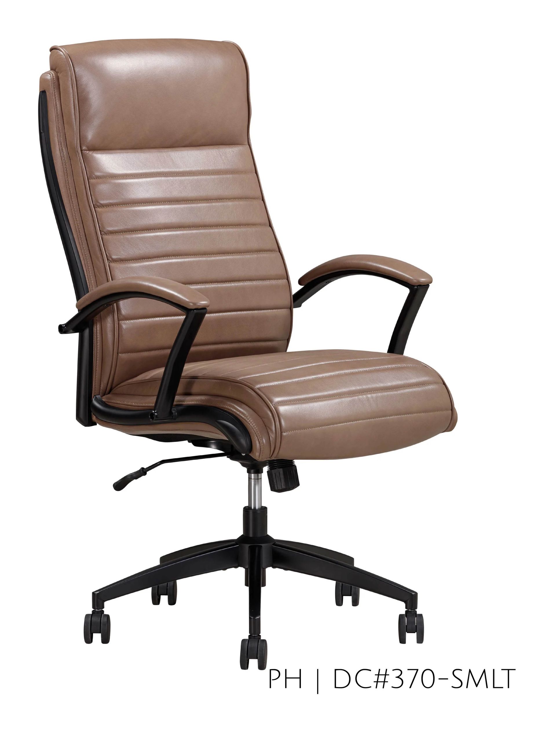 Tan and black executive office chair with high back and armrests.
