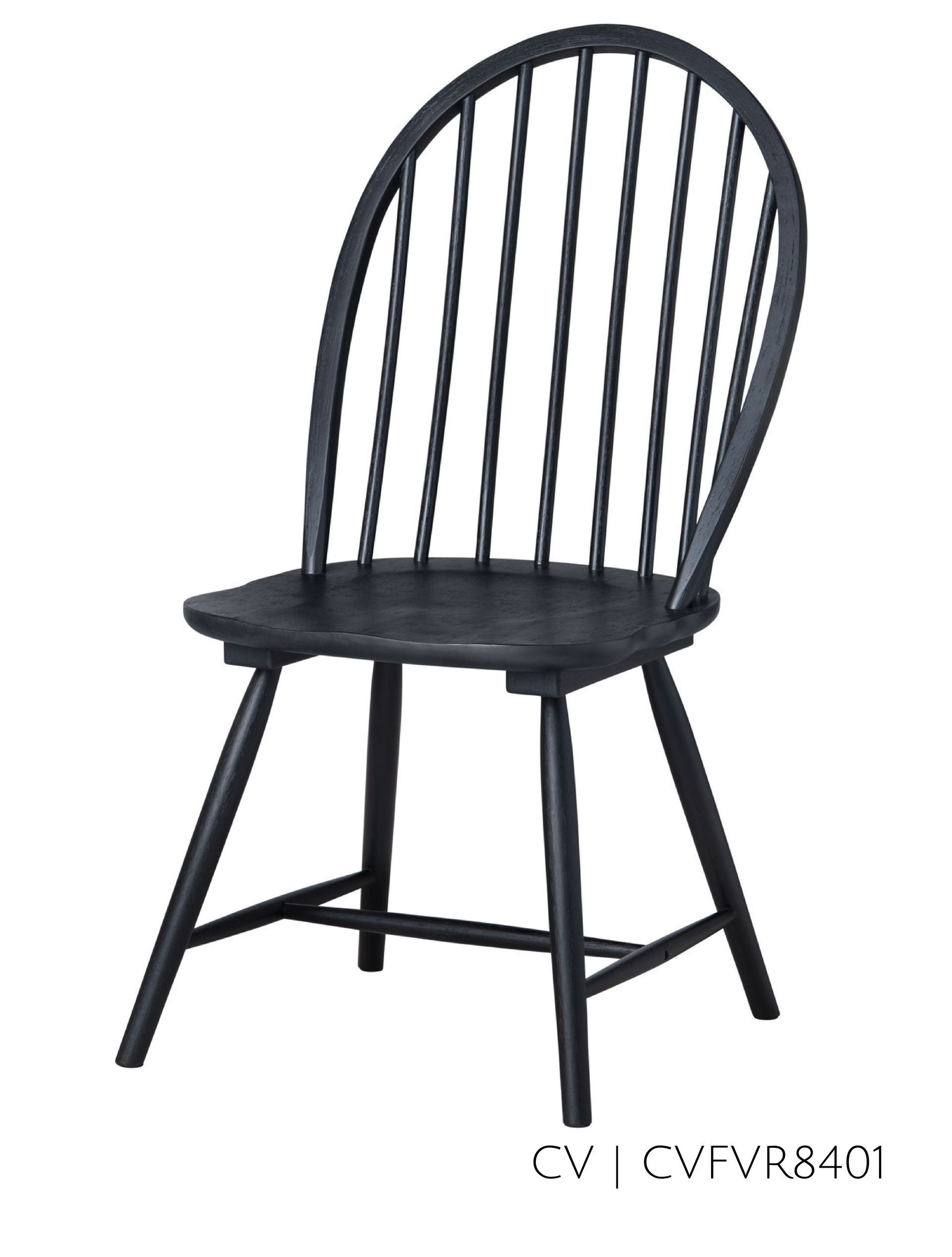 Black wooden Windsor-style dining chair with a curved back and spindle details.