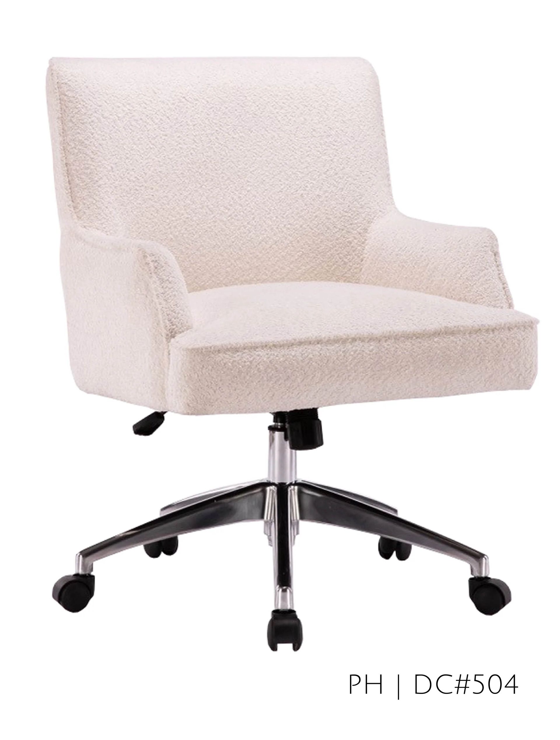 Cream-colored, upholstered office chair with arms, on a chrome base with wheels.