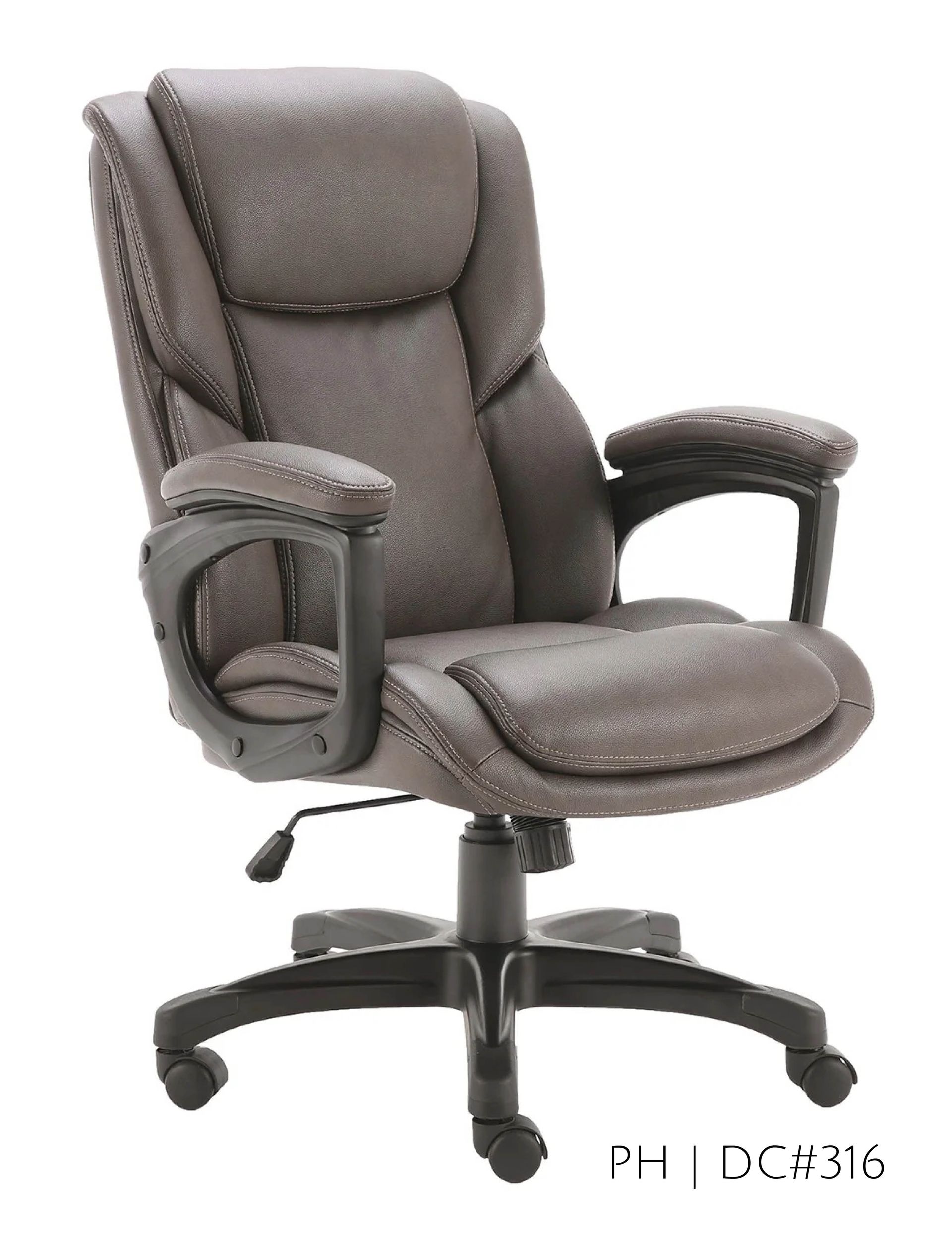 Gray office chair with black armrests and base.