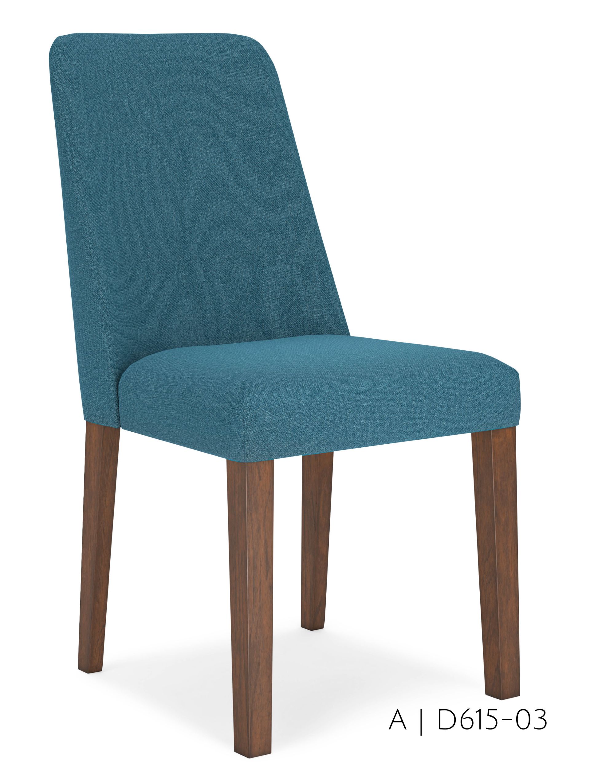 Teal upholstered dining chair with brown wooden legs.