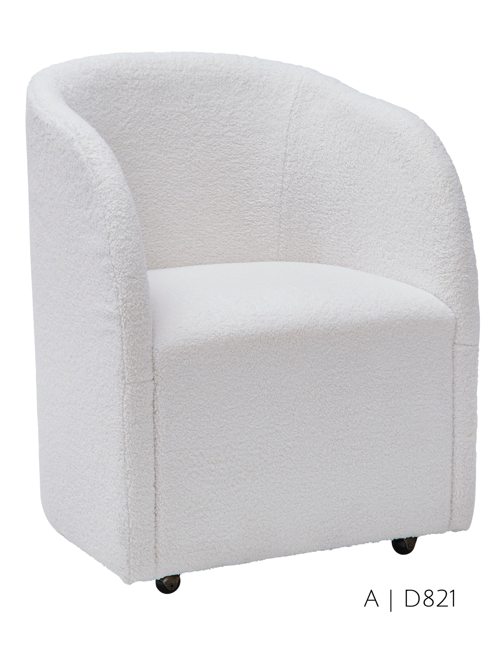 White boucle barrel chair on wheels.