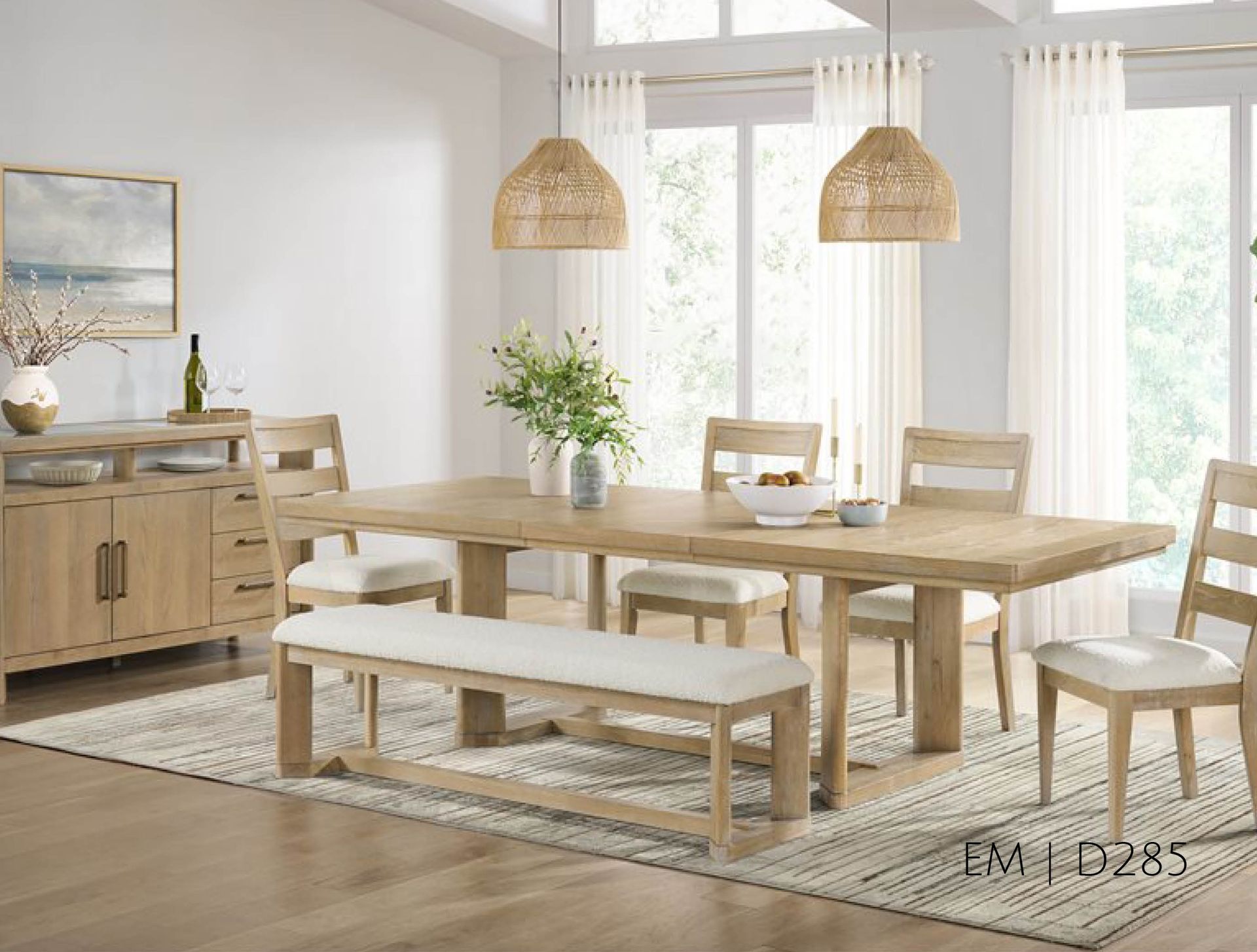 Dining room set: light wood table, chairs, bench, buffet, rug, woven pendant lights, natural light.