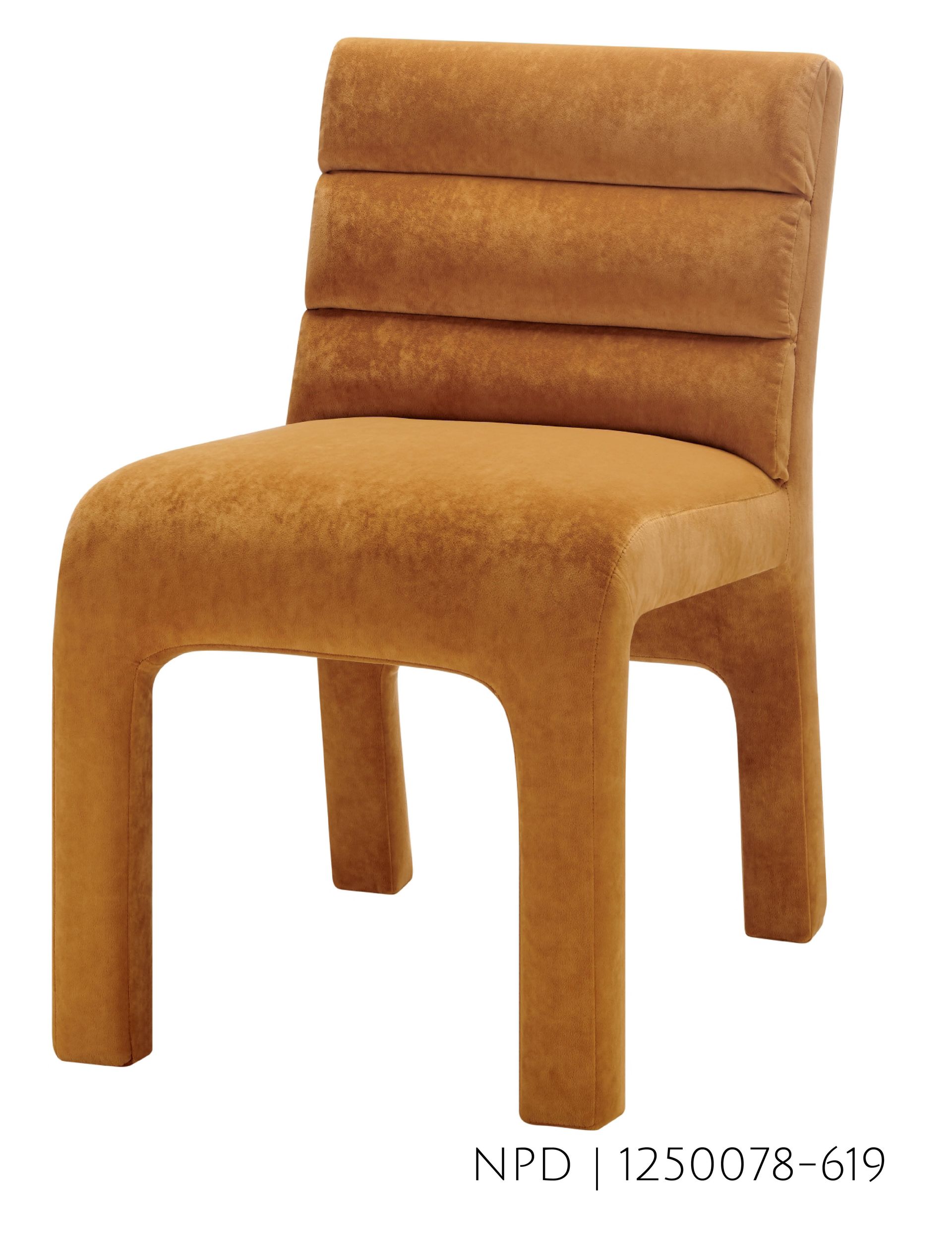 Orange upholstered chair with a curved back and legs.