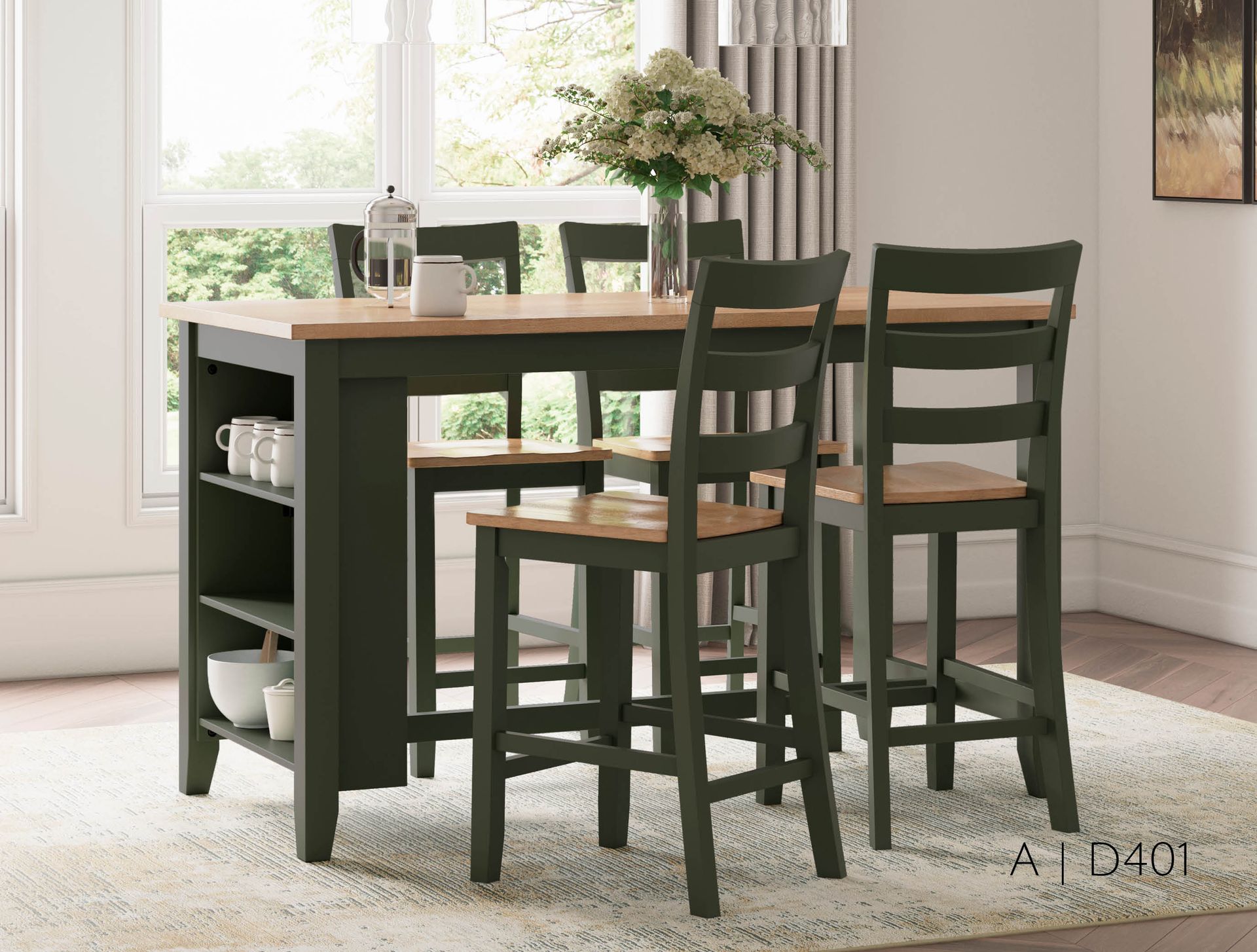 Dark green kitchen island with four bar stools, light wood top and seat.
