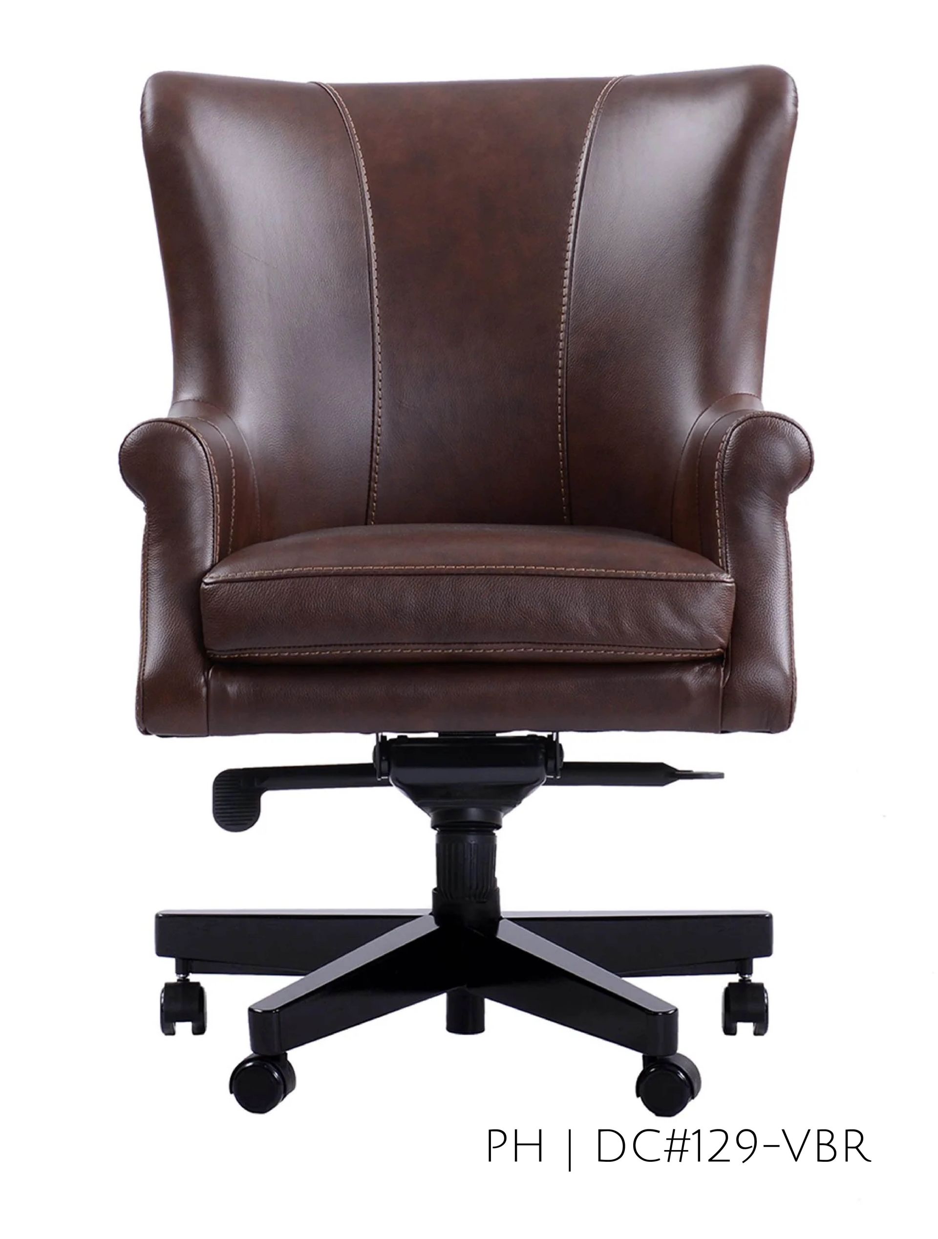 Brown leather office chair with a high back, armrests, and black base.