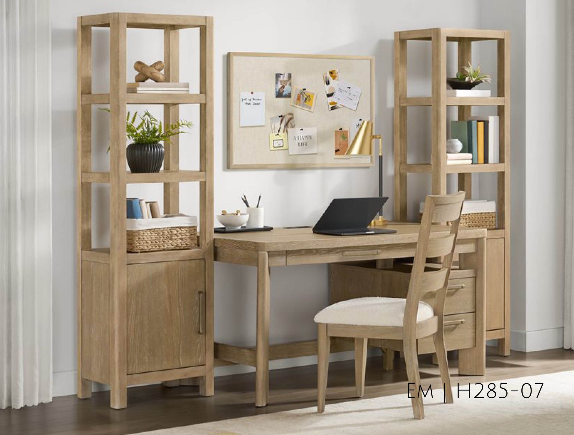 Wooden desk and shelves with a chair, laptop, and corkboard in a home office setting.