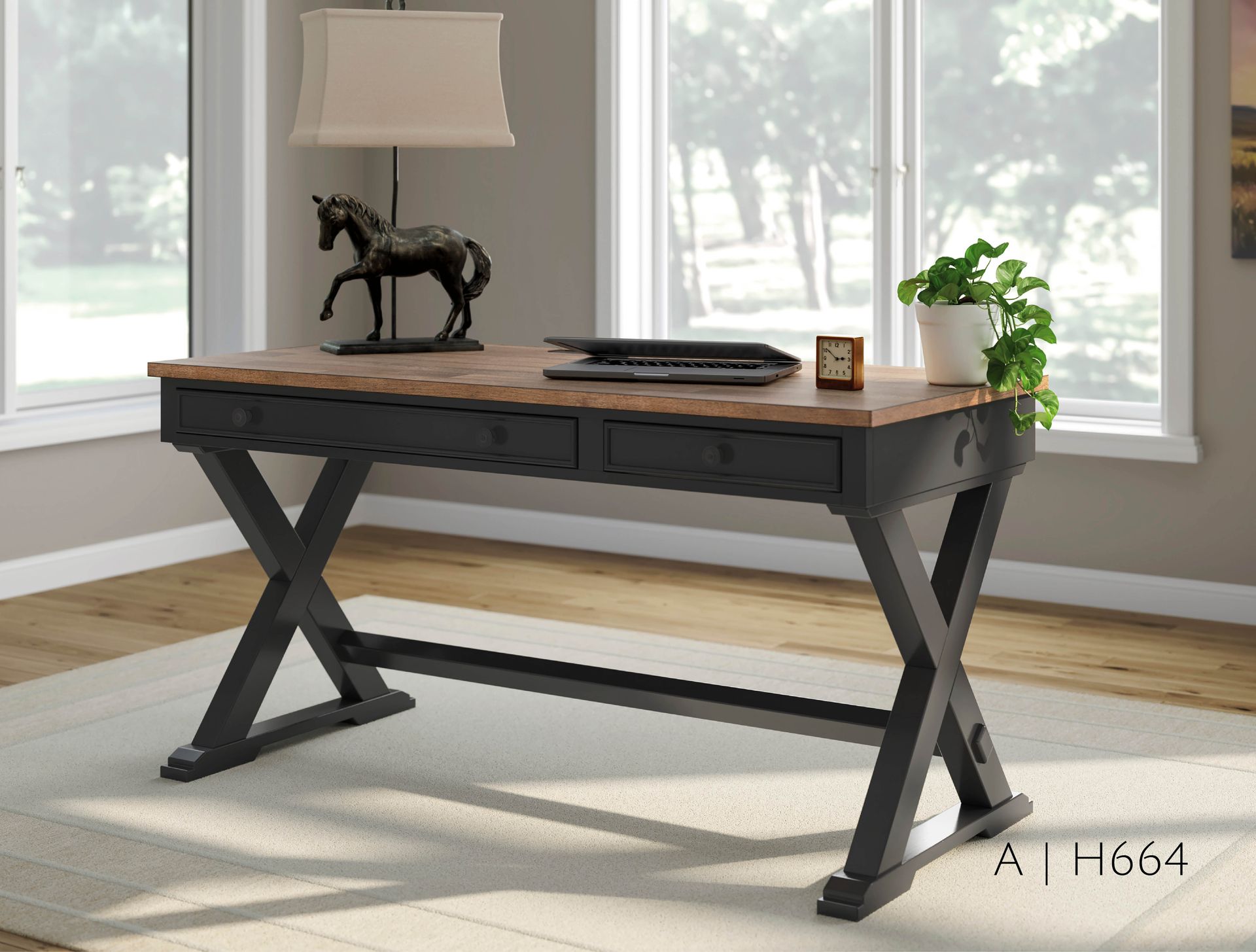 Wooden desk with two drawers, black legs, and brown top
