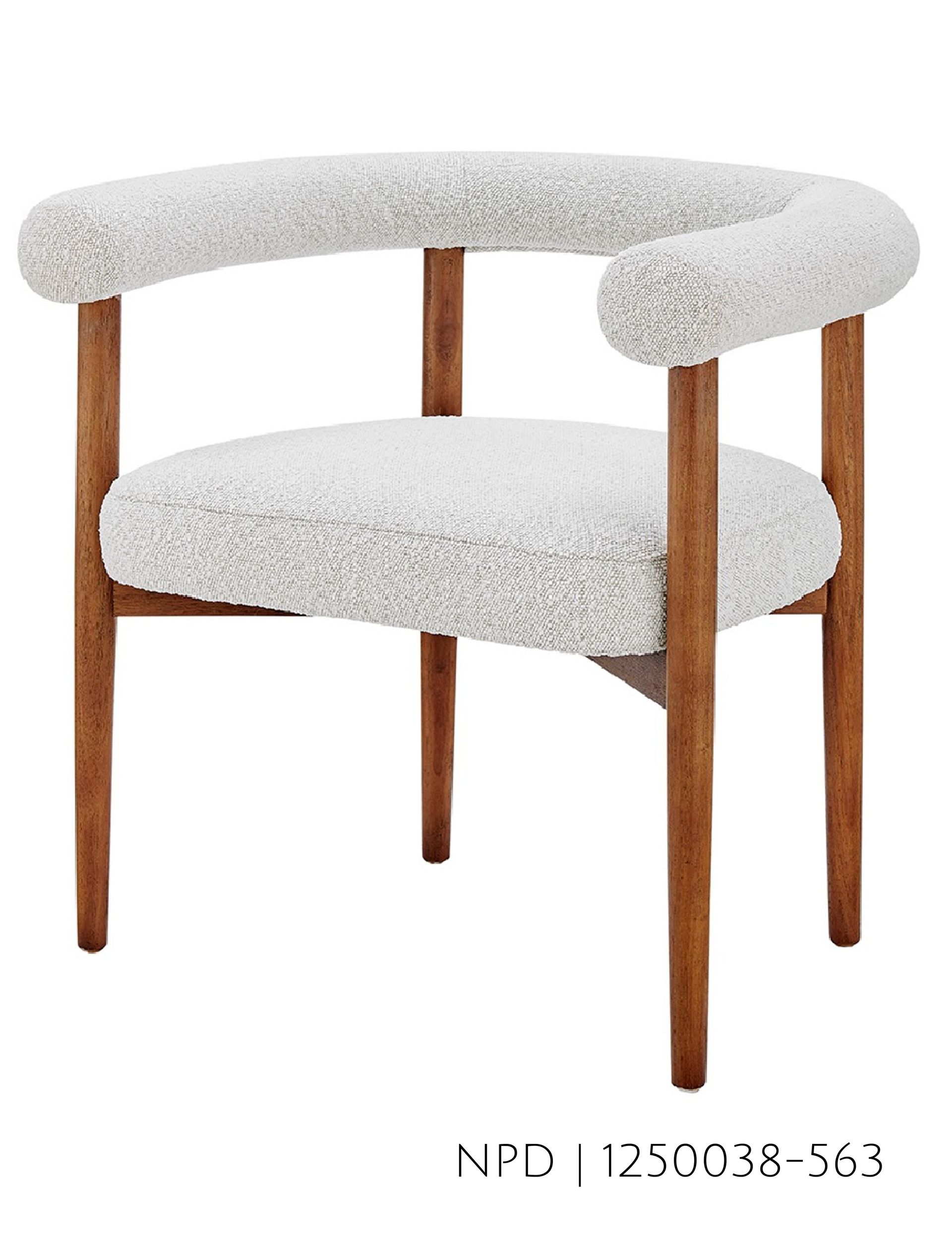White boucle armchair with curved back and wooden legs.