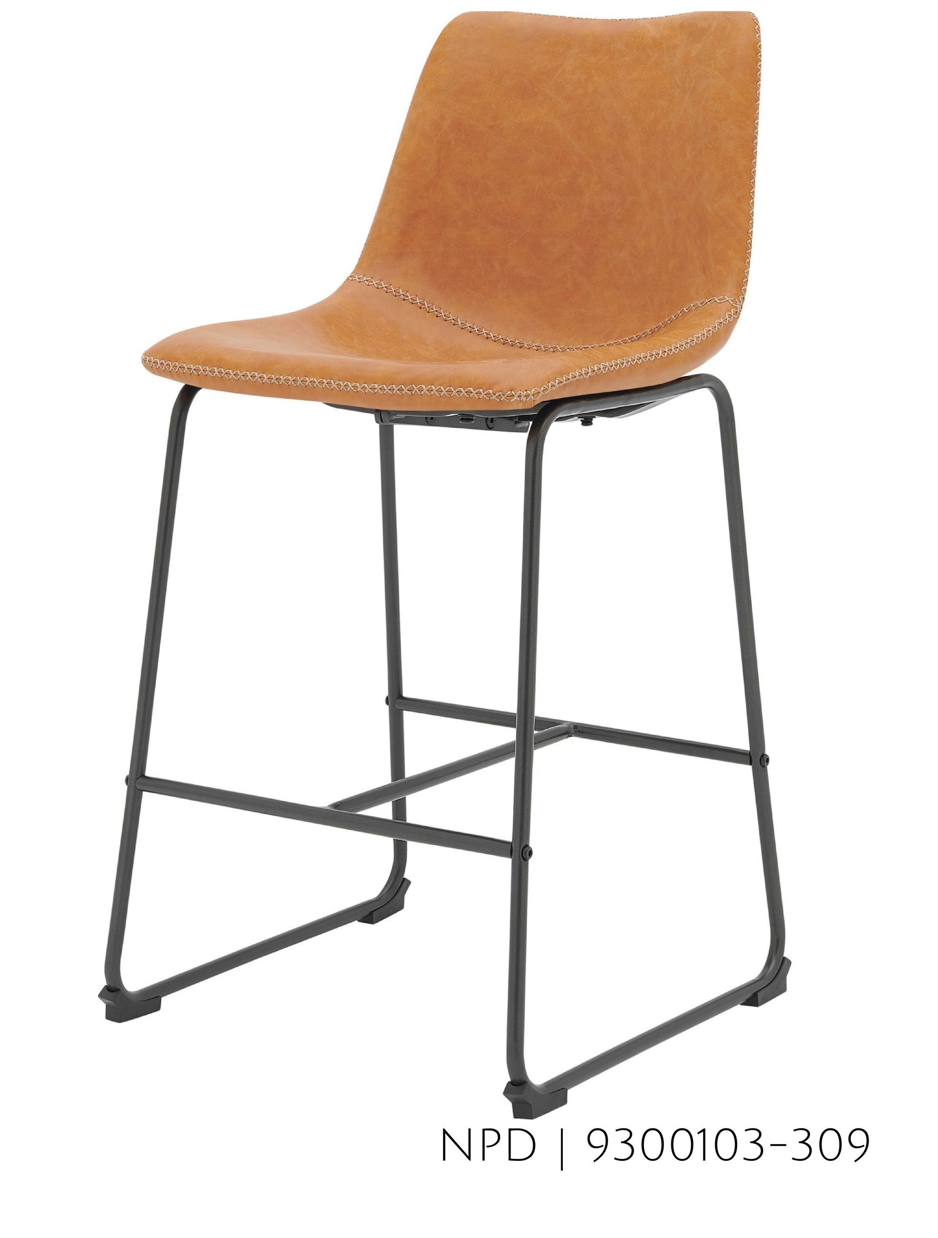 Tan leather bar stool with black metal frame.