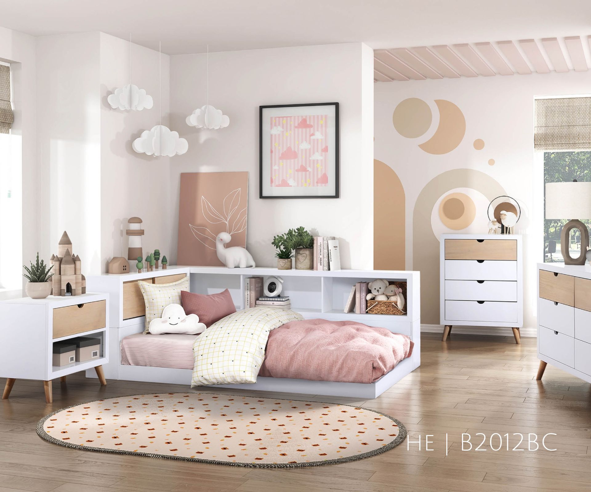 Bedroom with white and wood furniture: bed, nightstand, dresser, rug, clouds decor, and wall mural.