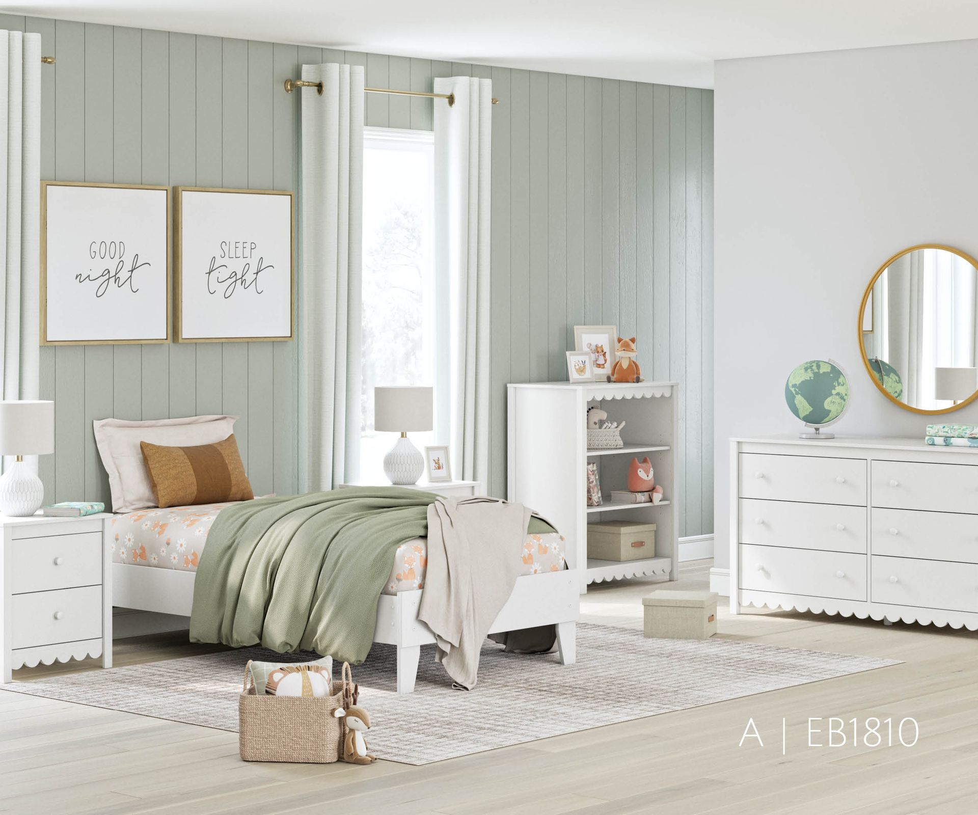 Bedroom with white furniture, sage green wall, art, bed, dresser, rug, and accessories.