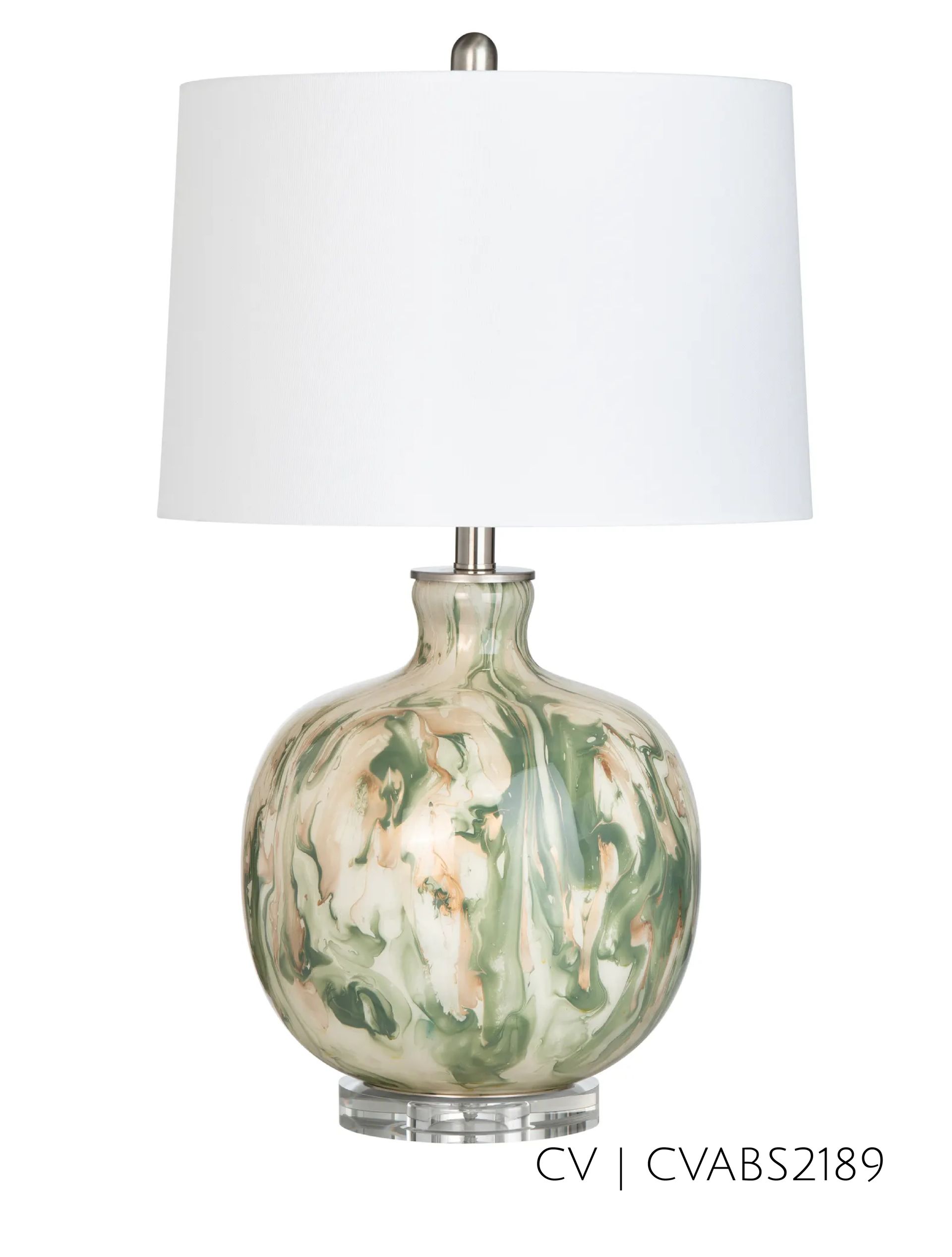 Decorative table lamp with a green and beige marbled base, white shade, and silver accents.