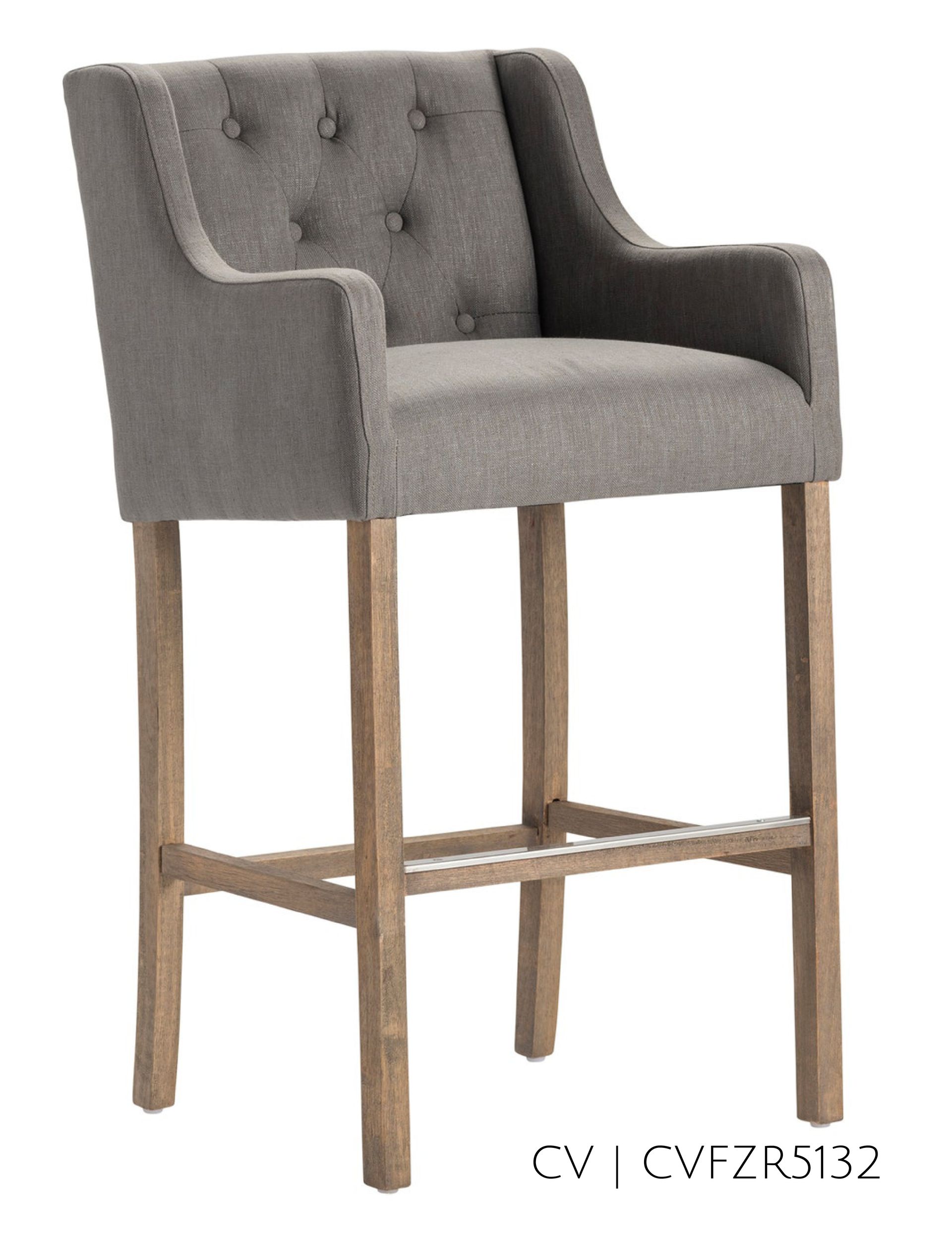Gray upholstered bar stool with wooden legs and back.