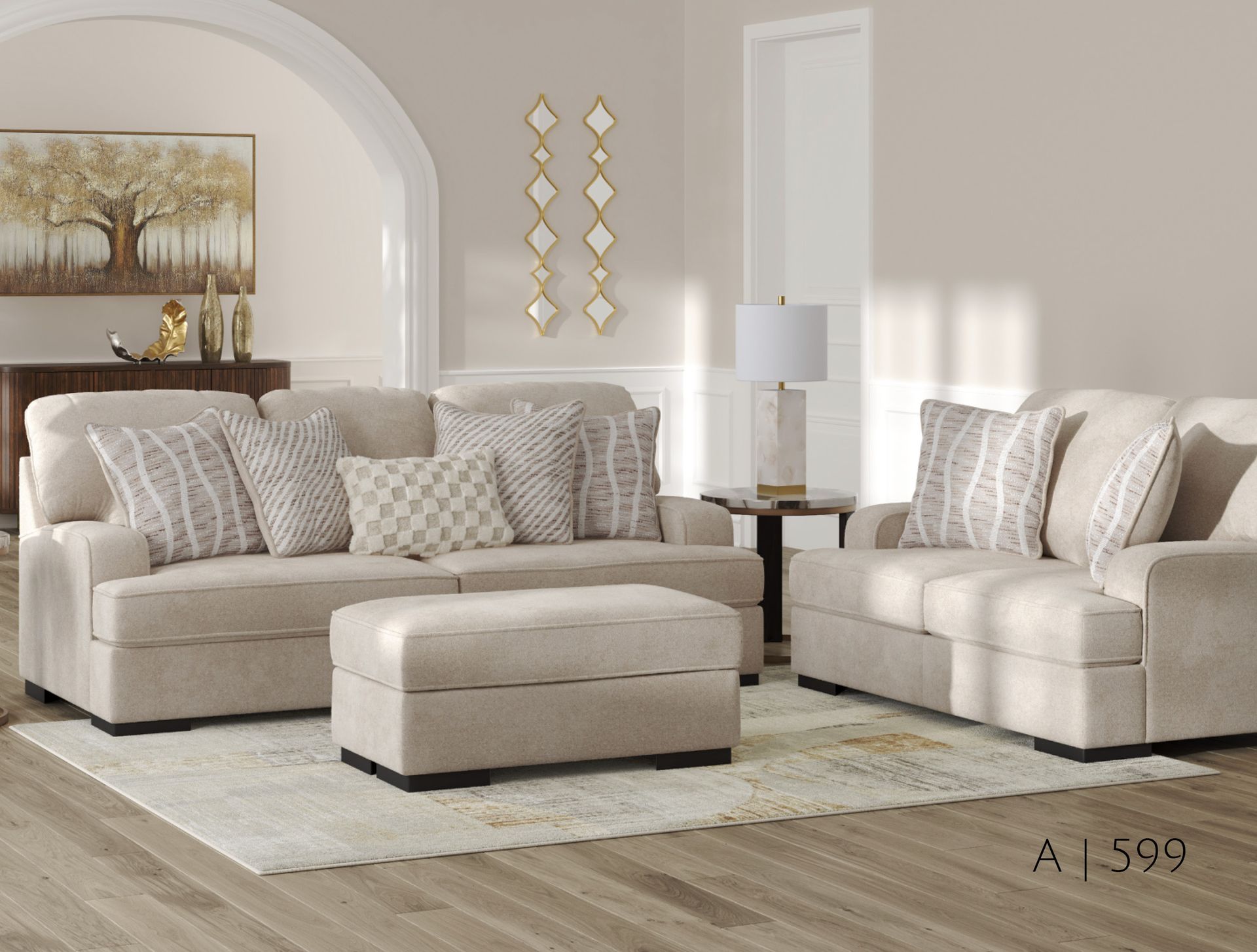 Beige sofa set with patterned pillows and ottoman